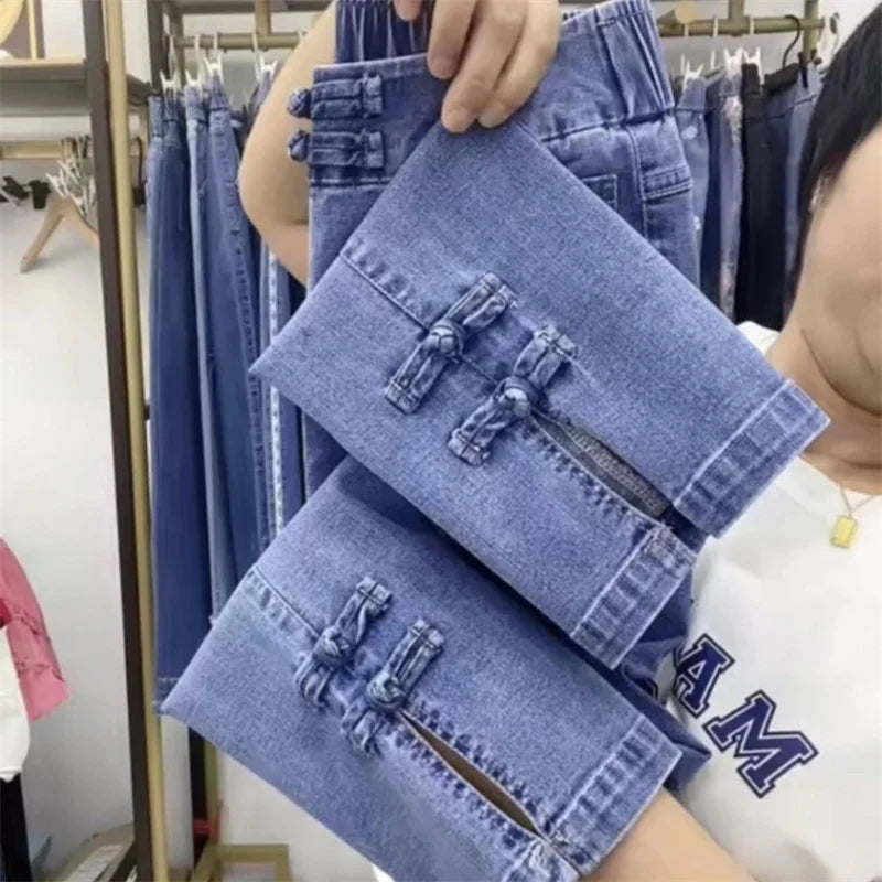 2024New Spring Autumn High Elasticity Women Jean Korean Loose Straight Ankle-Length Cowboy Pants Female Extends Denim Pants Lady