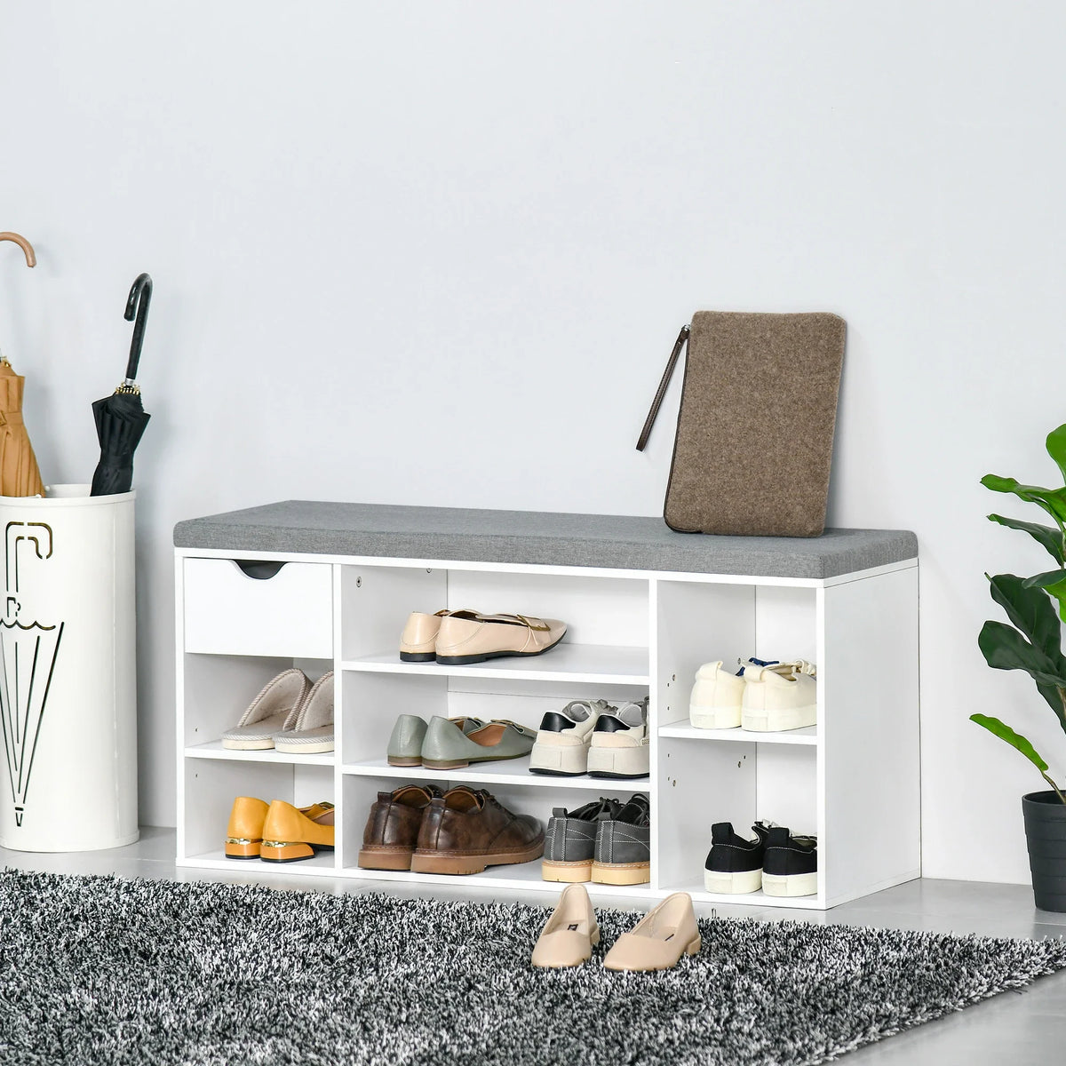 Shoe Storage Cabinet Bench with Cushion - Adjustable Shelves Shoes White & Grey
