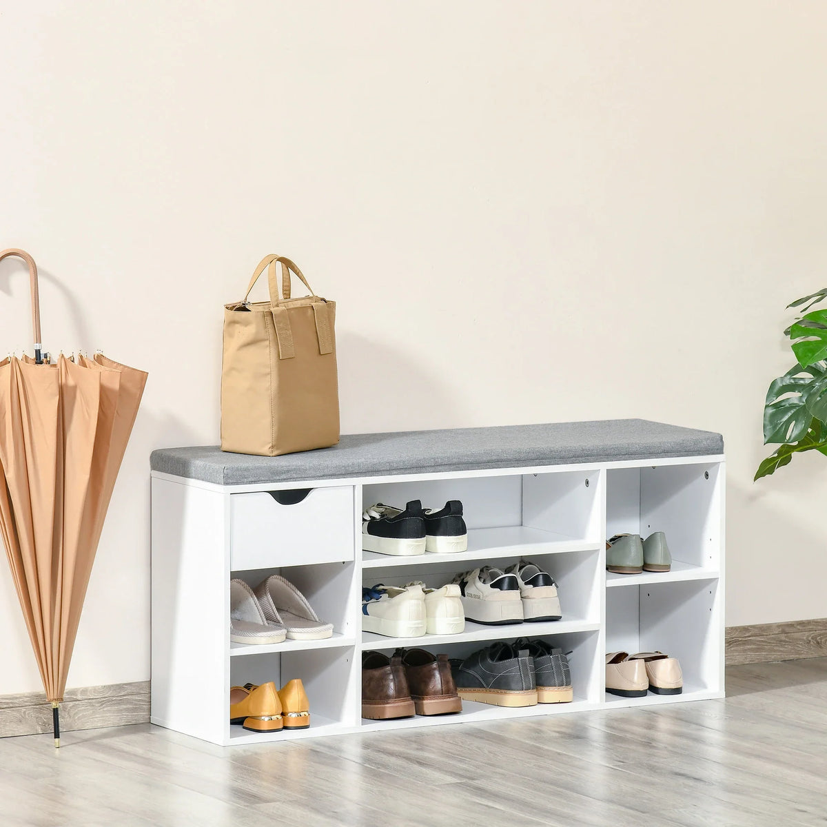 Shoe Storage Cabinet Bench with Cushion - Adjustable Shelves Shoes White & Grey