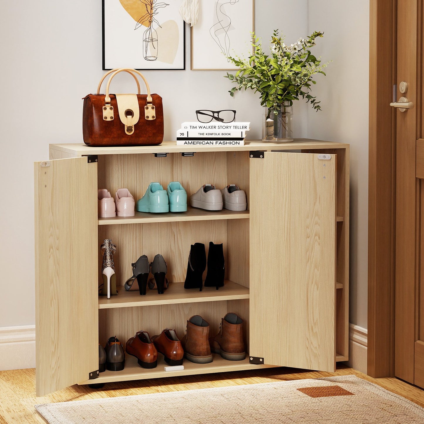 3-Tier Shoe Cabinet with Doors and Adjustable Open Shelves-White