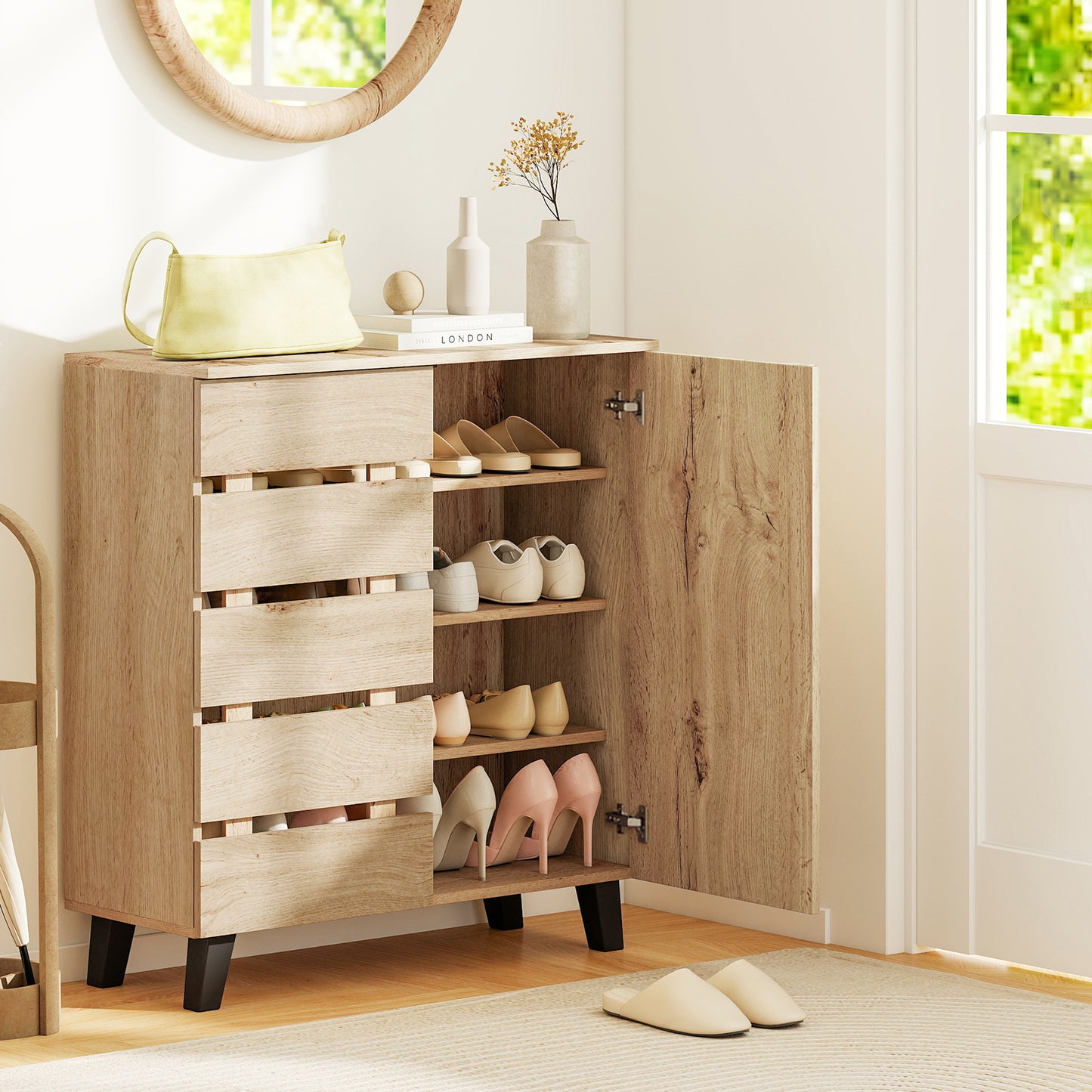 4-Tier Shoe Cabinet with Louvered Door and Removable Shelves-Natural