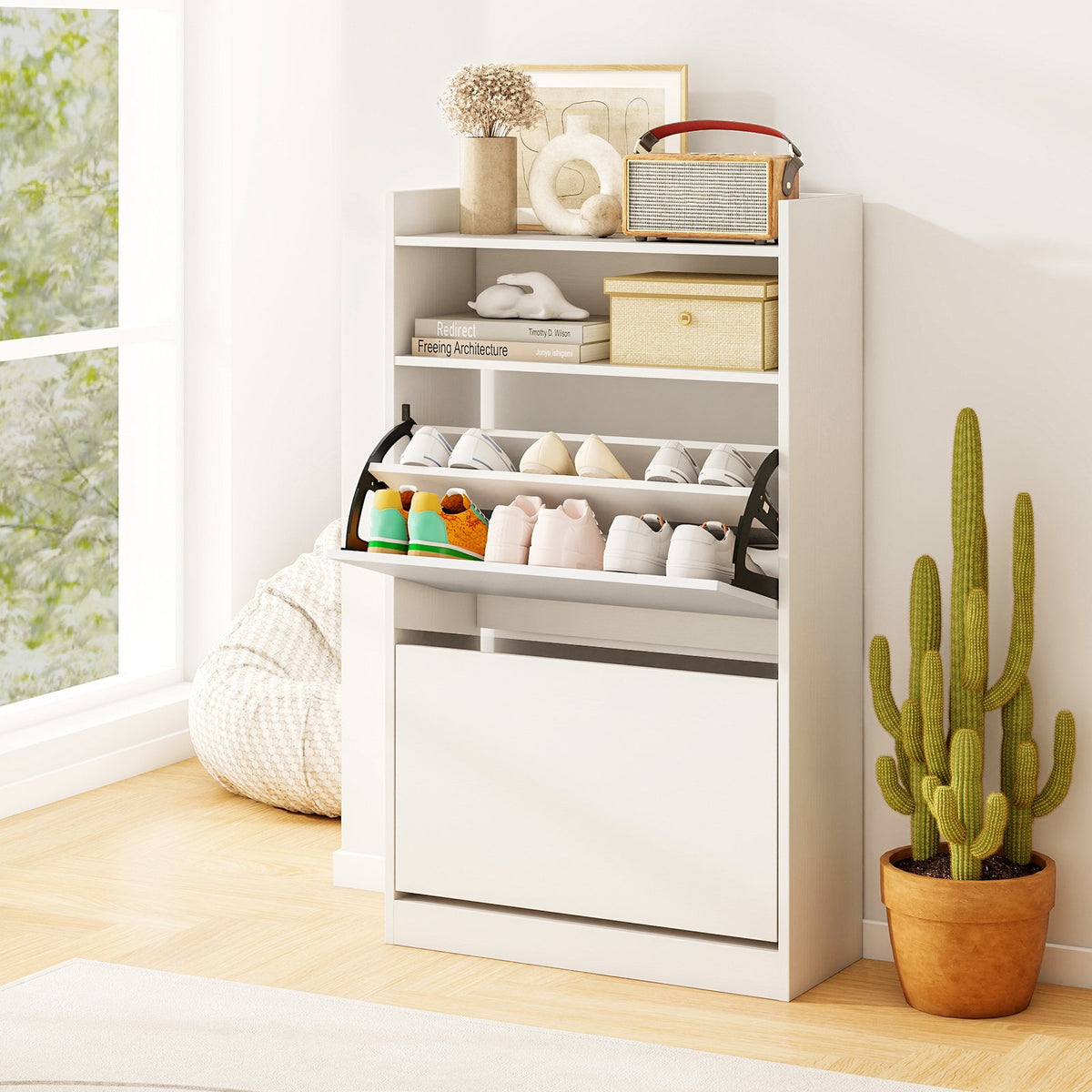 Shoe Storage Cabinet with 2 Flip Drawers and Open Storage-Black