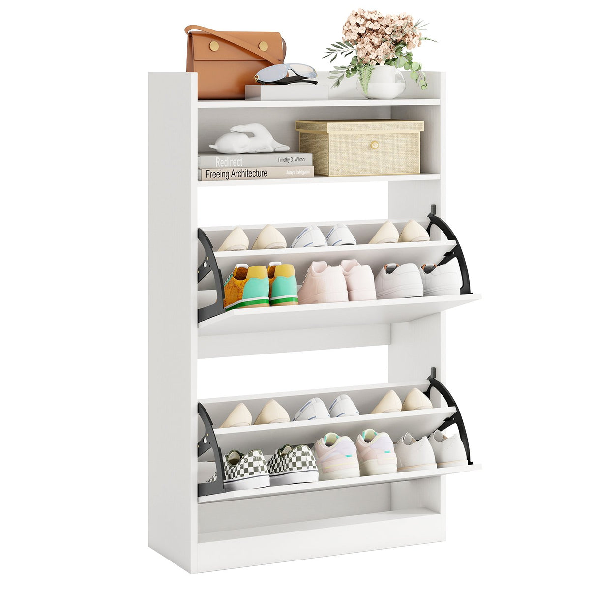 Shoe Storage Cabinet with 2 Flip Drawers and Open Storage-Black