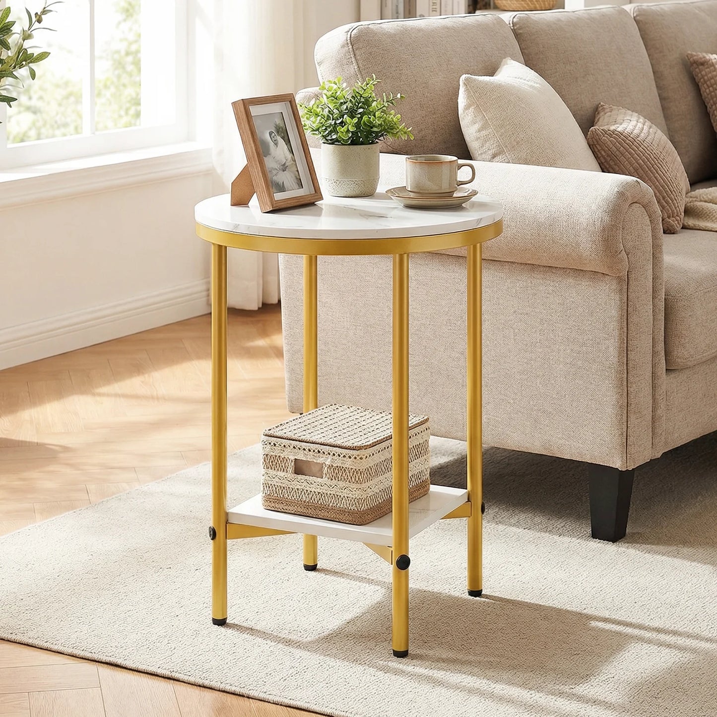 Side Table Modern Round End Table with Faux Marble Top and Bottom Storage Shelf-Black