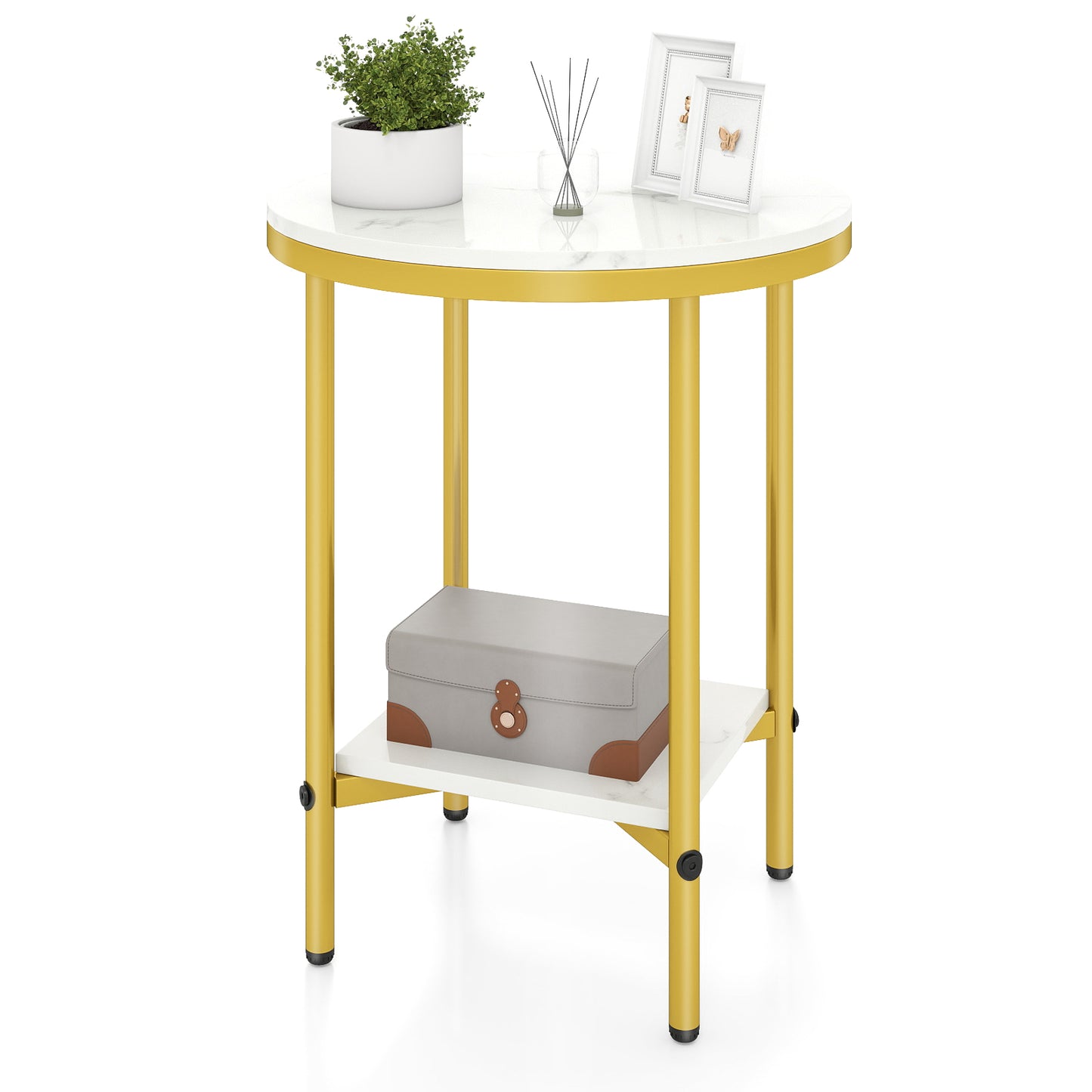 Side Table Modern Round End Table with Faux Marble Top and Bottom Storage Shelf-Black