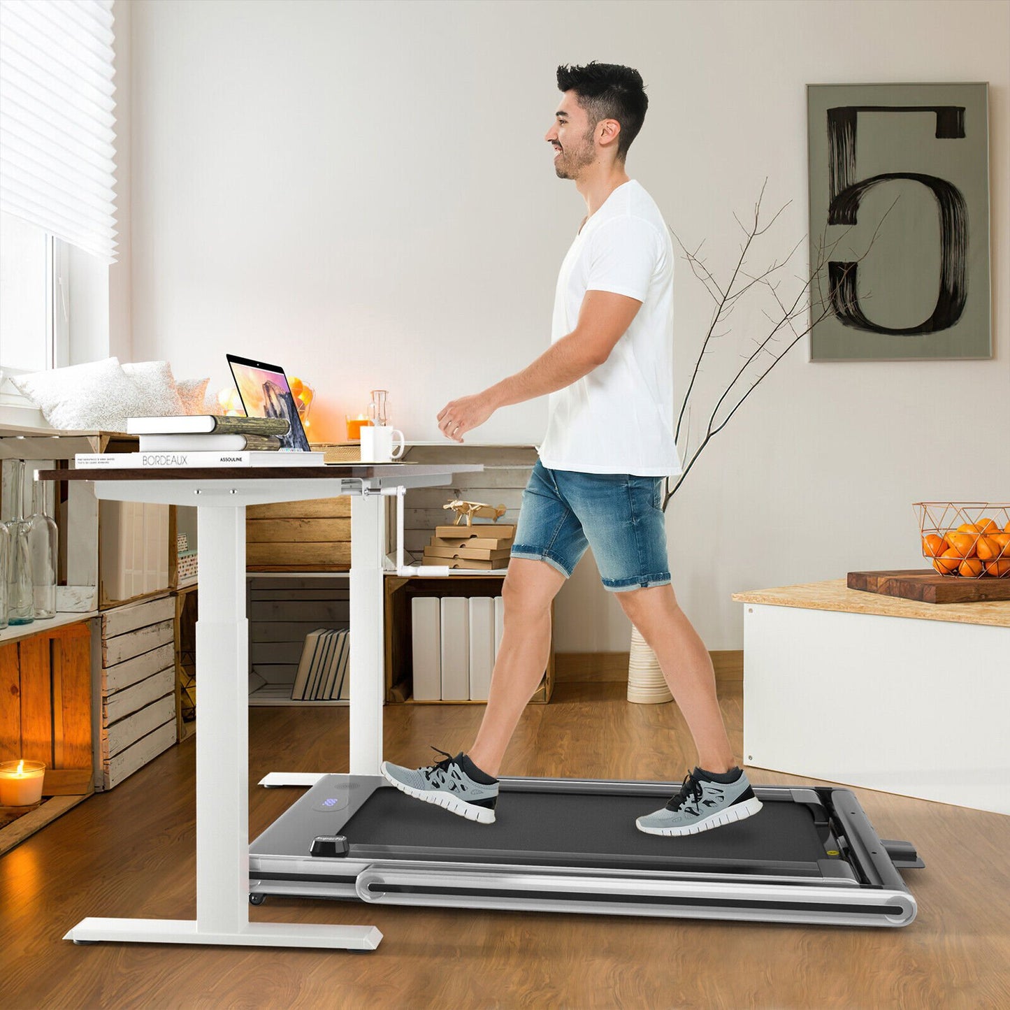 2-in-1 Folding Under Desk Treadmill with Dual LED Display-Blue