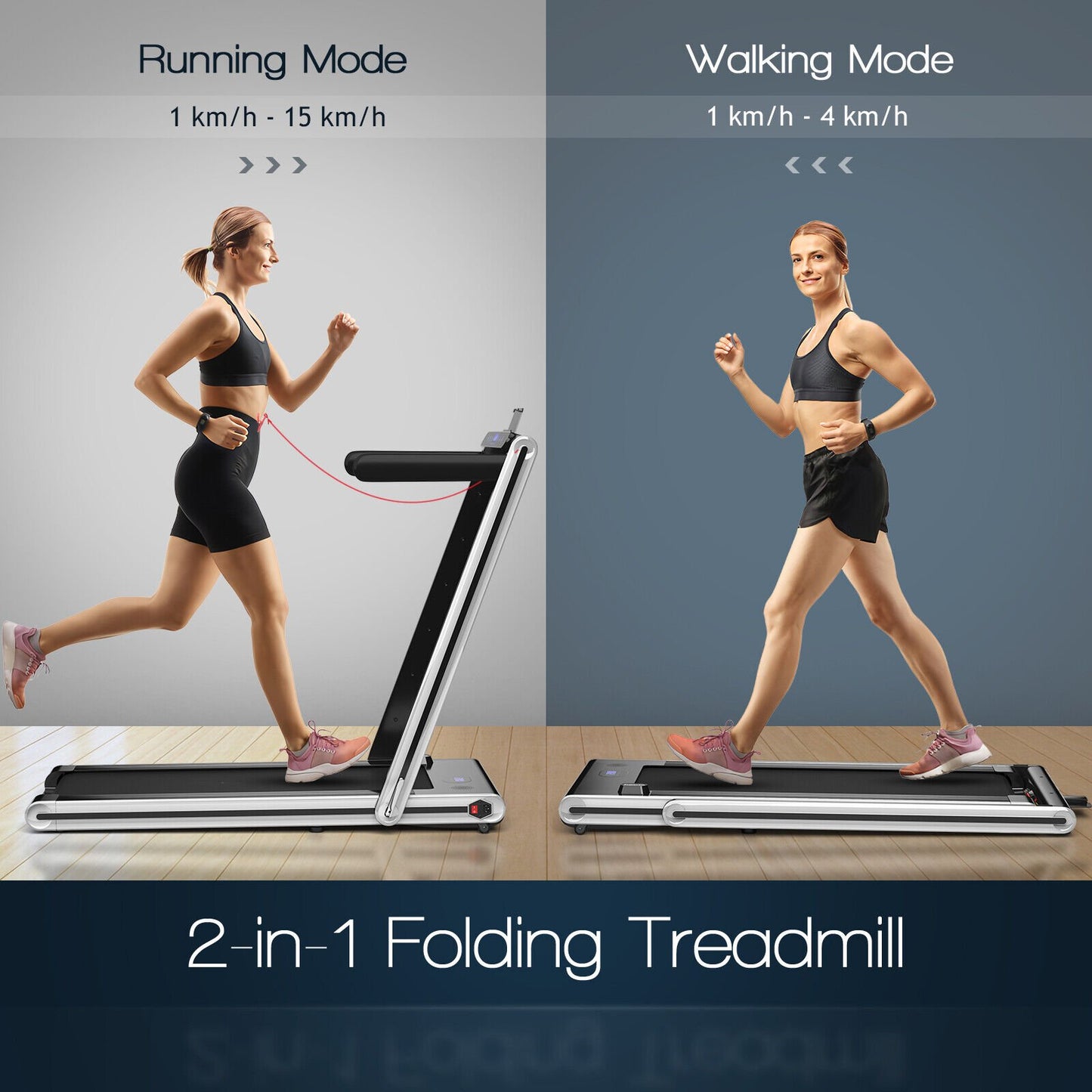 2-in-1 Folding Under Desk Treadmill with Dual LED Display-Blue