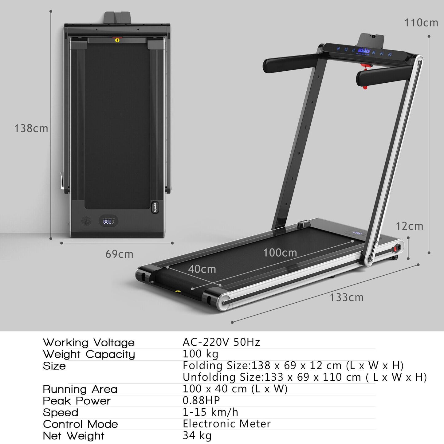 2-in-1 Folding Under Desk Treadmill with Dual LED Display-Blue