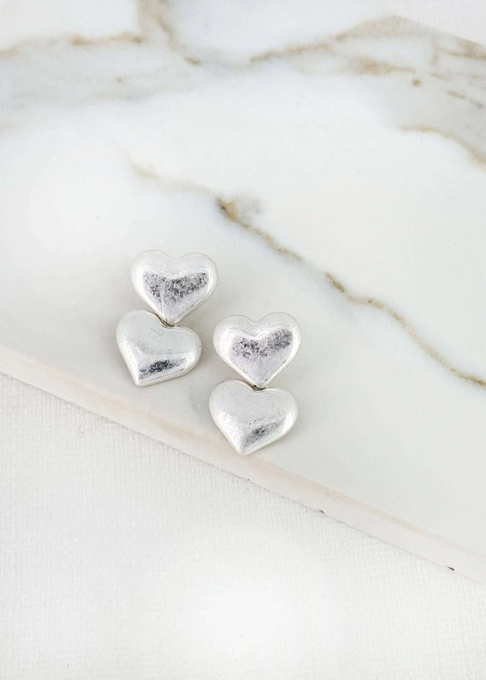 Silver Double Heart Drop Earrings | Romantic Jewellery Gift