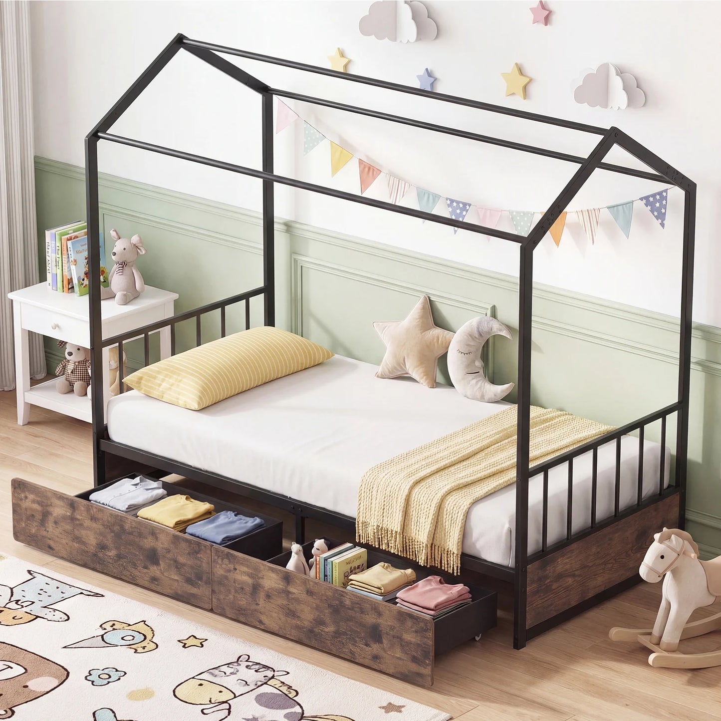 Single Size House Bed with 2 Drawers and Roof for Kids-Natural