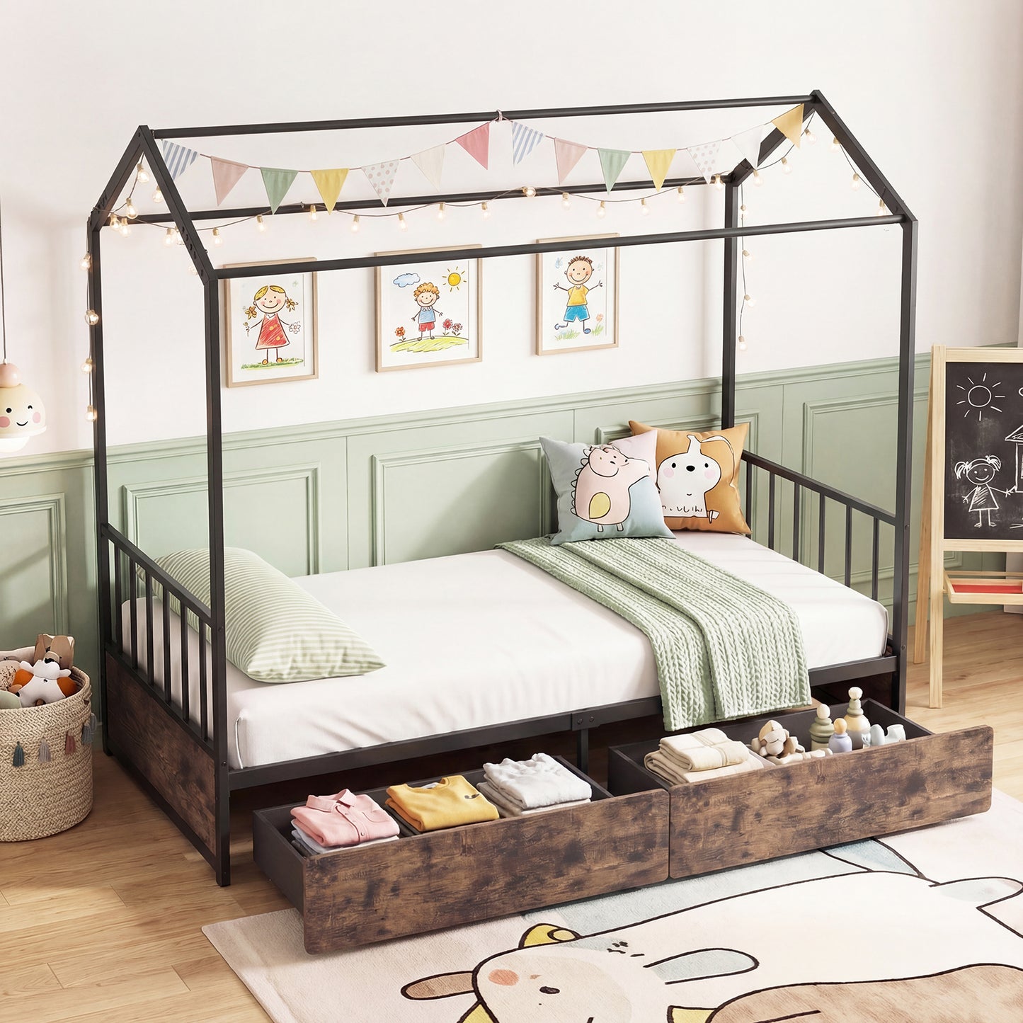 Single Size House Bed with 2 Drawers and Roof for Kids-Natural