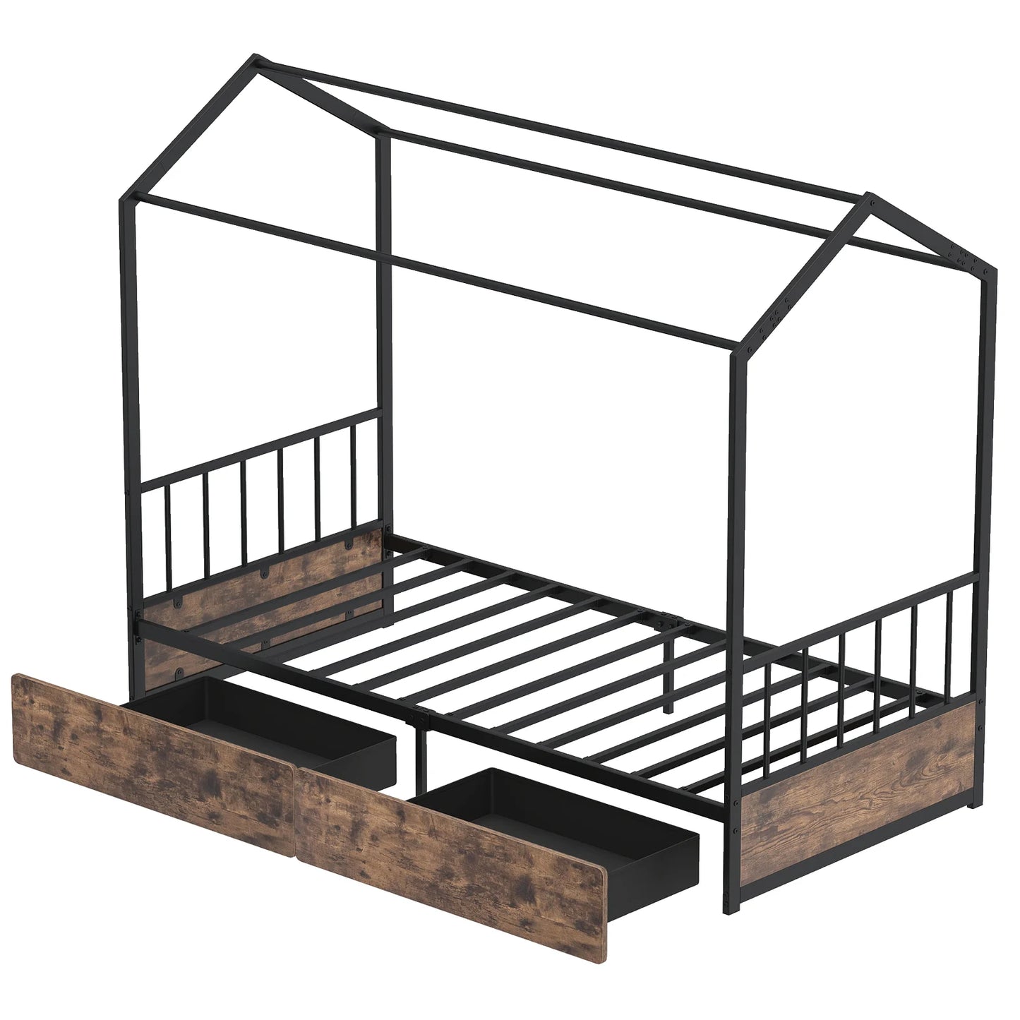 Single Size House Bed with 2 Drawers and Roof for Kids-Natural