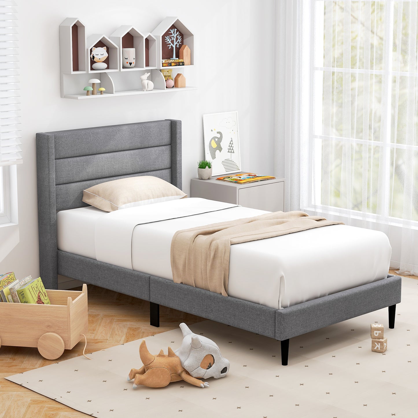 Single/Double Size Bed Frame with Wingback Headboard and Wooden Slats Support-Grey-Double Size