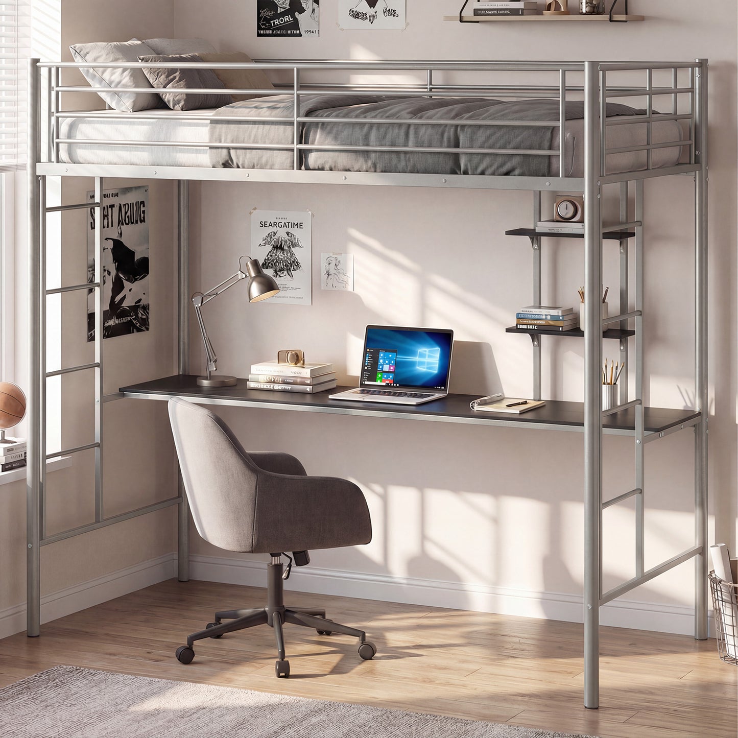 Single Size Loft Bed with Desk and Shelves Metal Loft Bed Frame-Black