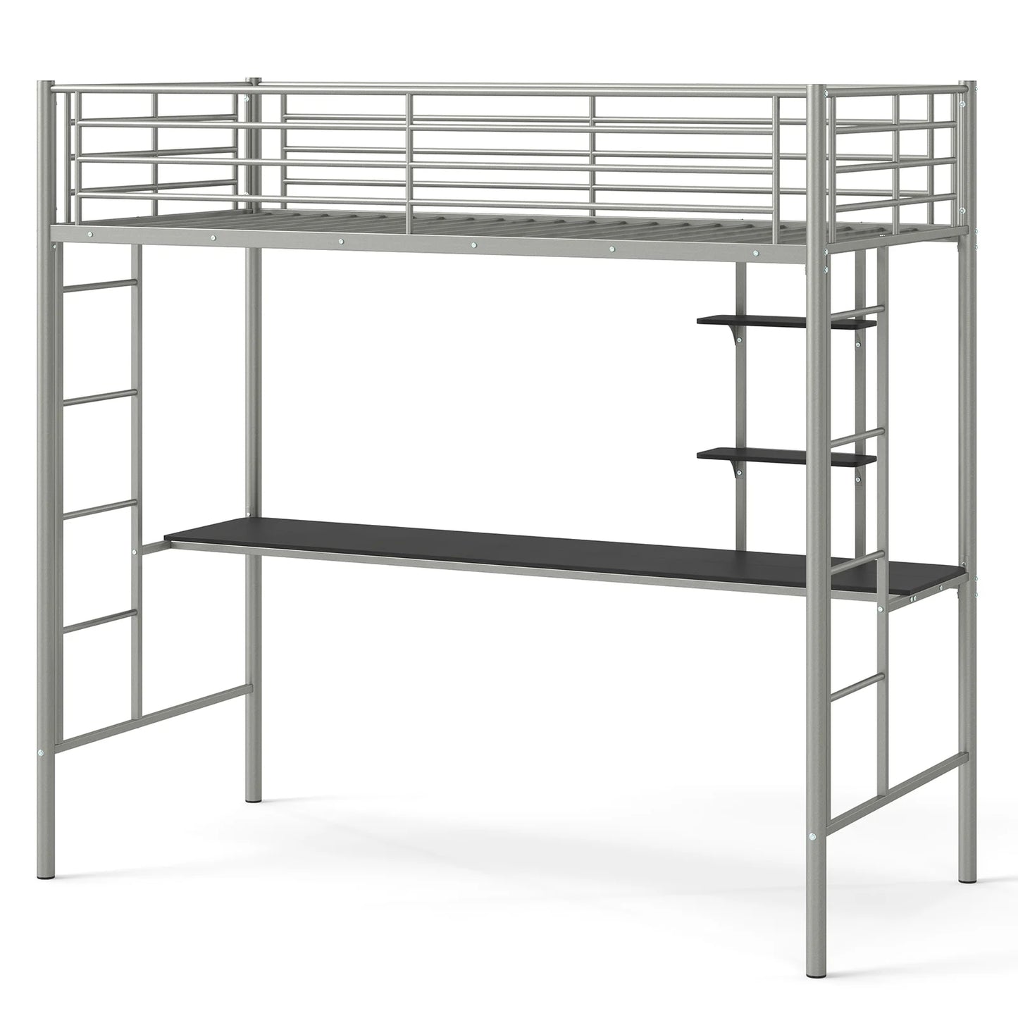 Single Size Loft Bed with Desk and Shelves Metal Loft Bed Frame-Black