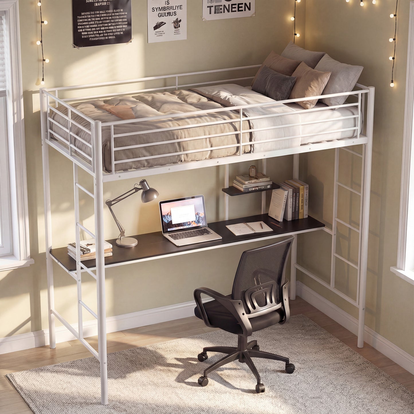 Single Size Loft Bed with Desk and Shelves Metal Loft Bed Frame-Black