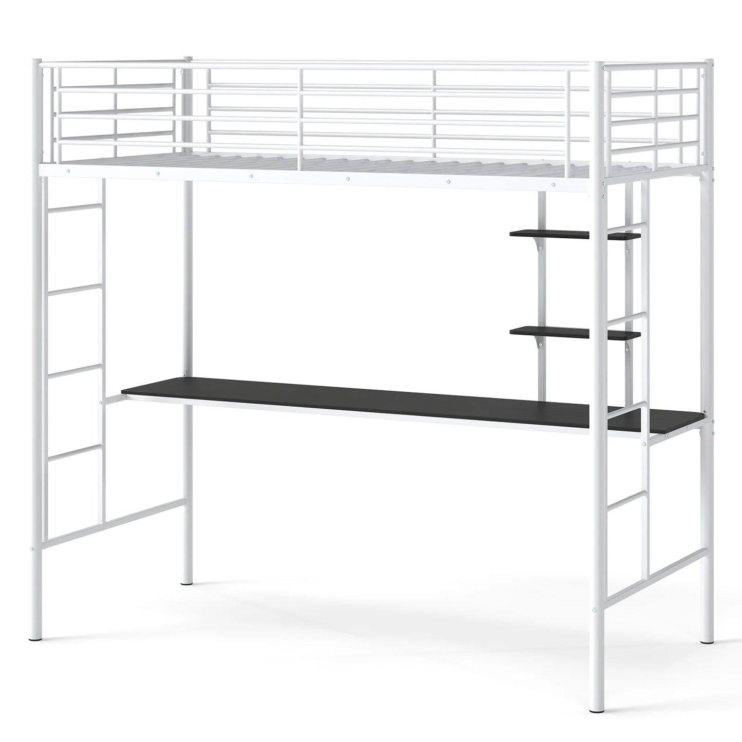 Single Size Loft Bed with Desk and Shelves Metal Loft Bed Frame-Black