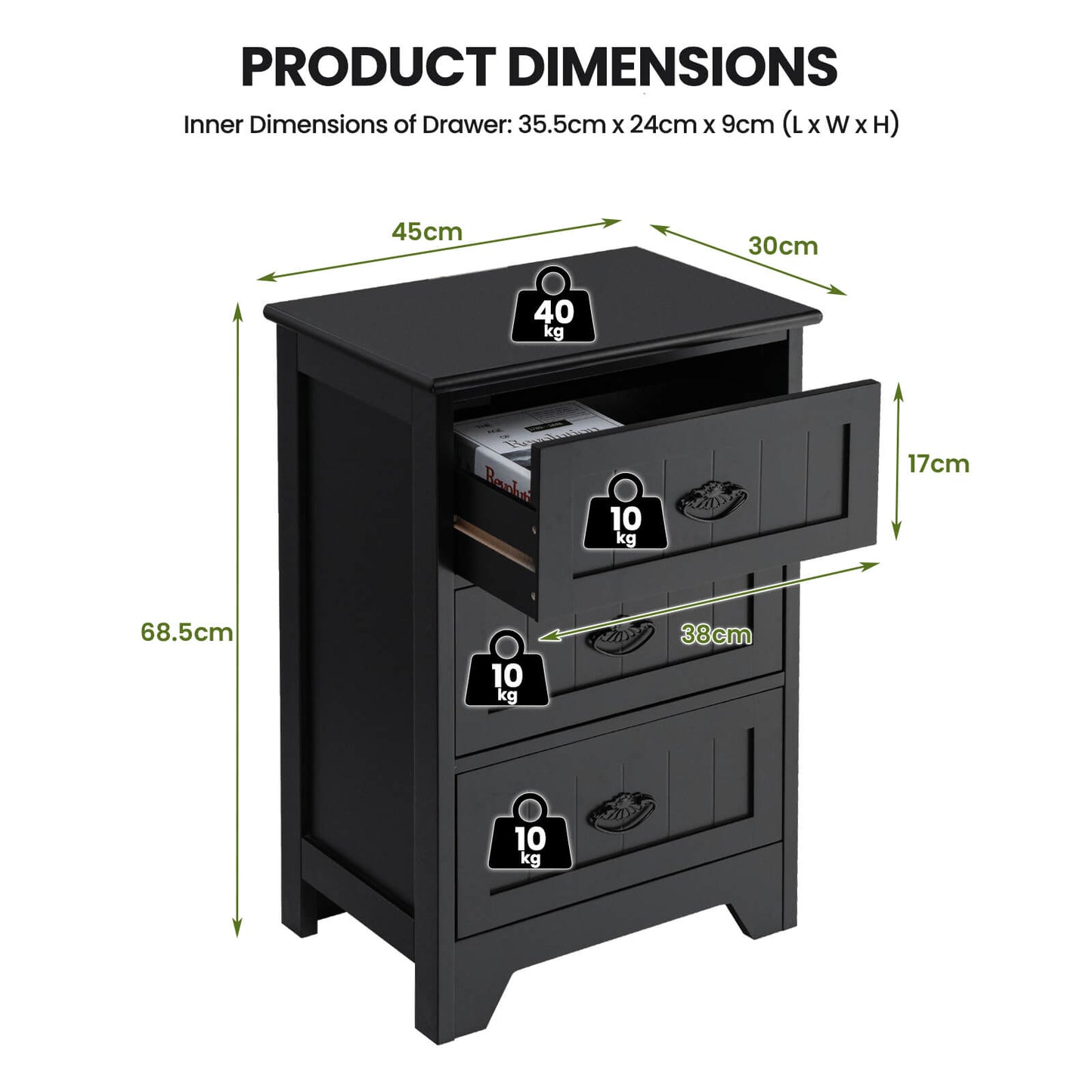 3-Tier Vintage Nightstand with Exquisite Metal Handles-White