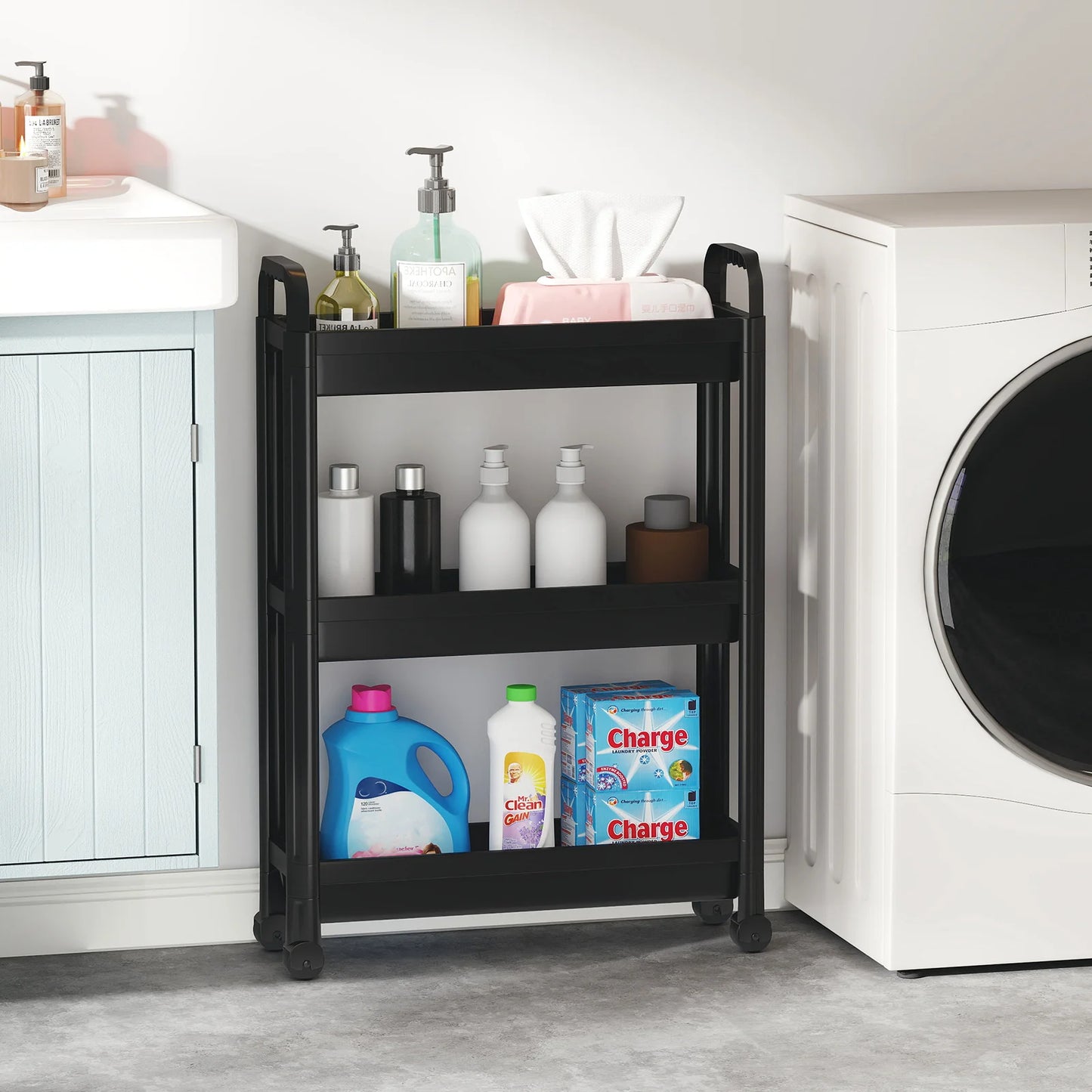 Slim Rolling Storage Cart 3-Tier Bathroom Organizer with Handles and Wheels-Black