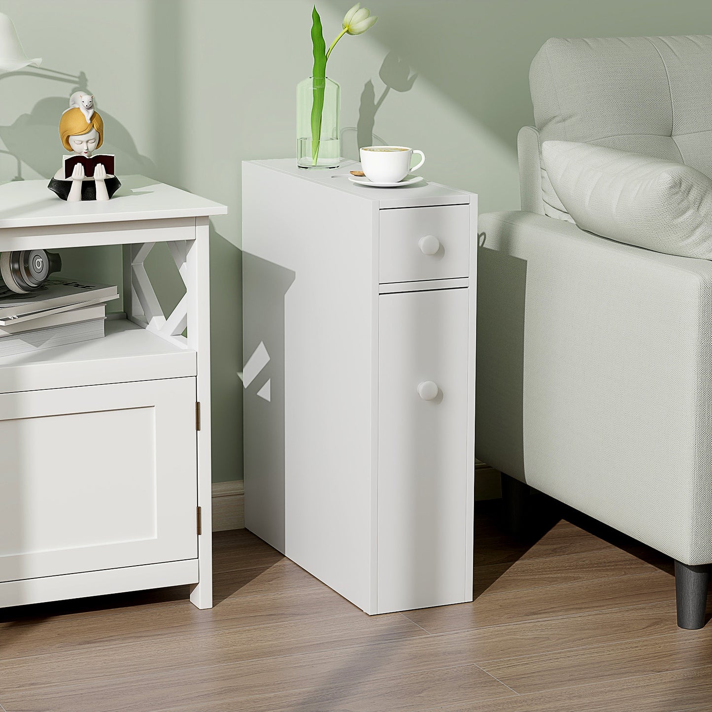 Slim Storage Cabinet with Slide-out Drawers and Flip-open Top Cover-Black
