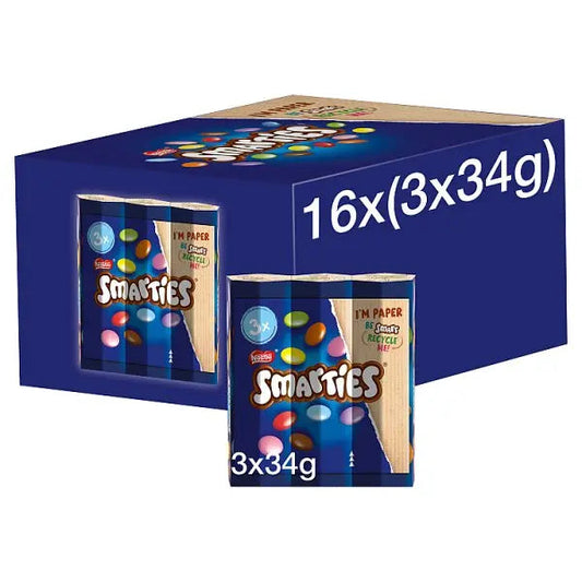 Smarties Milk Chocolate Tube 3 Pack Multipack 102g (Case of 16)