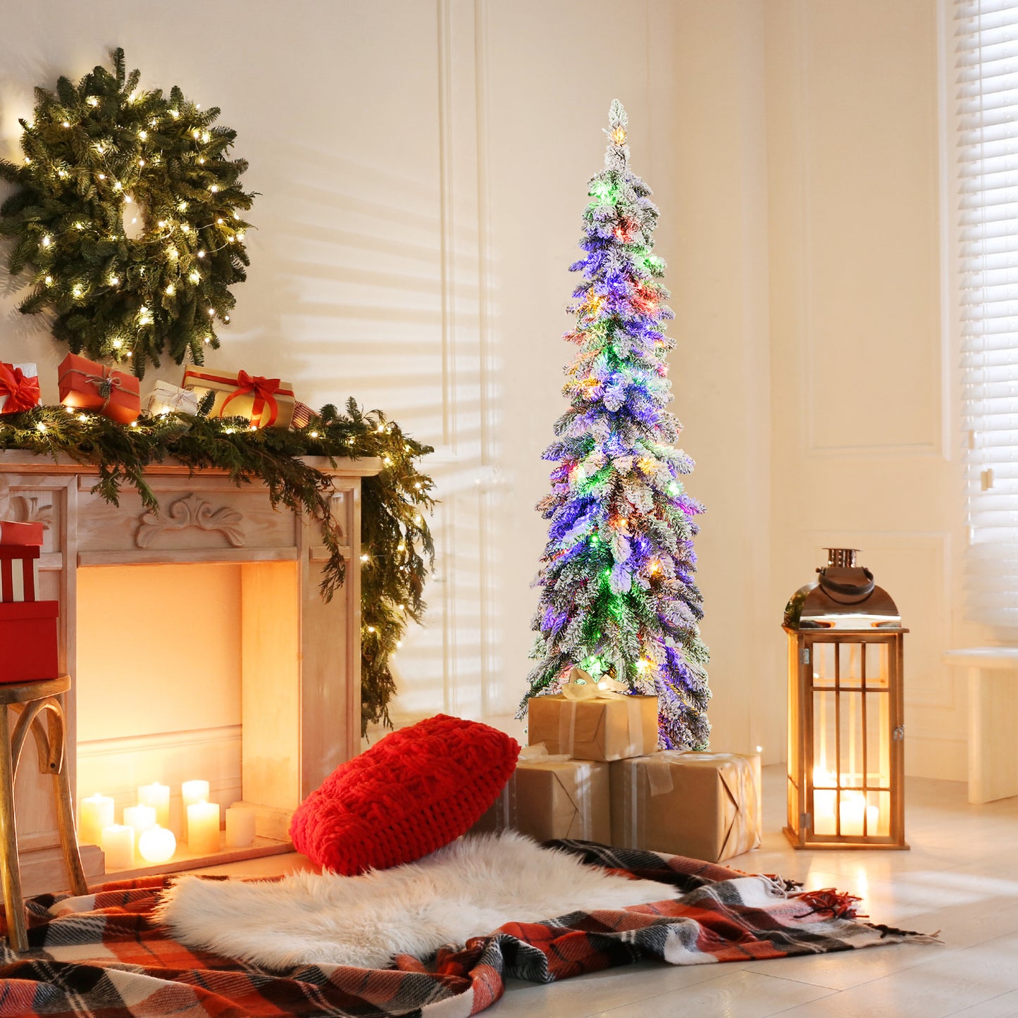 Snow-Flocked Slim Pencil Christmas Tree with 11 Lighting Modes-4FT