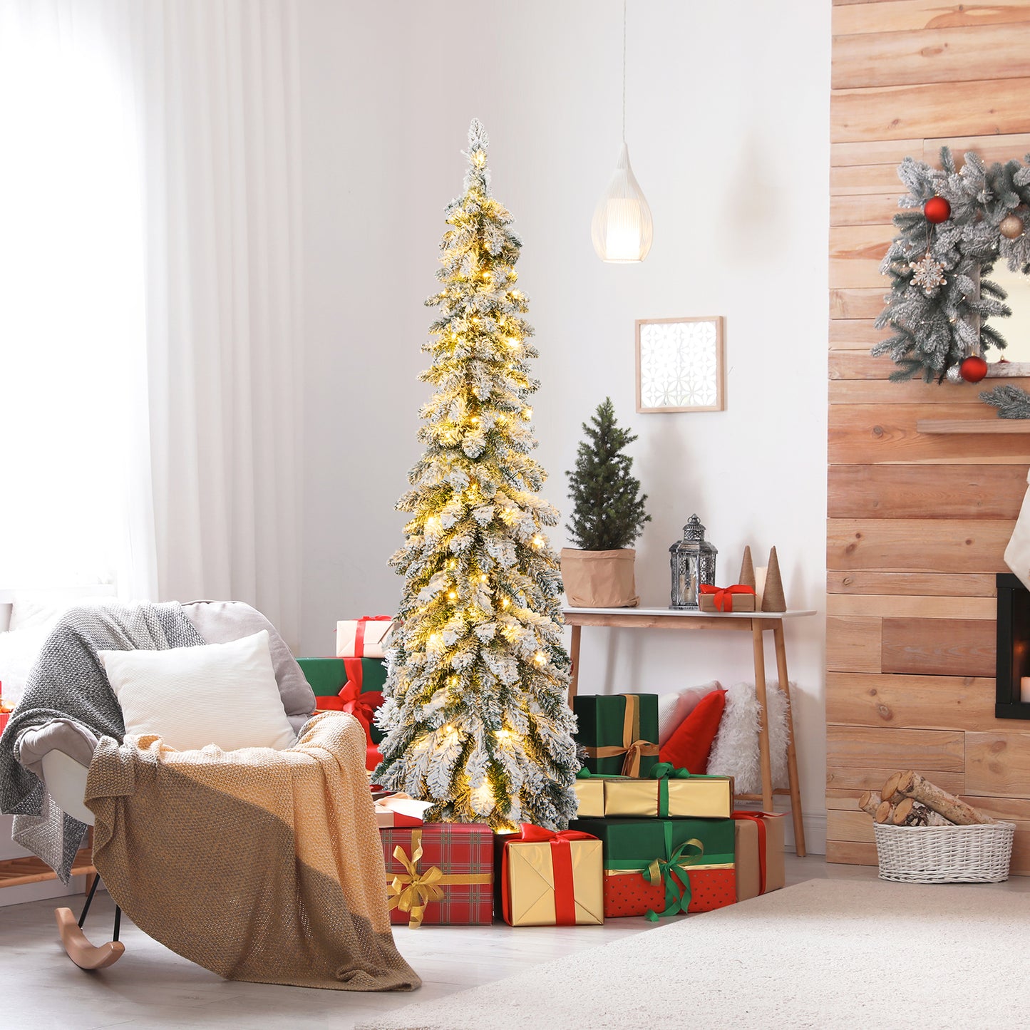 Snow-Flocked Slim Pencil Christmas Tree with 11 Lighting Modes-4FT