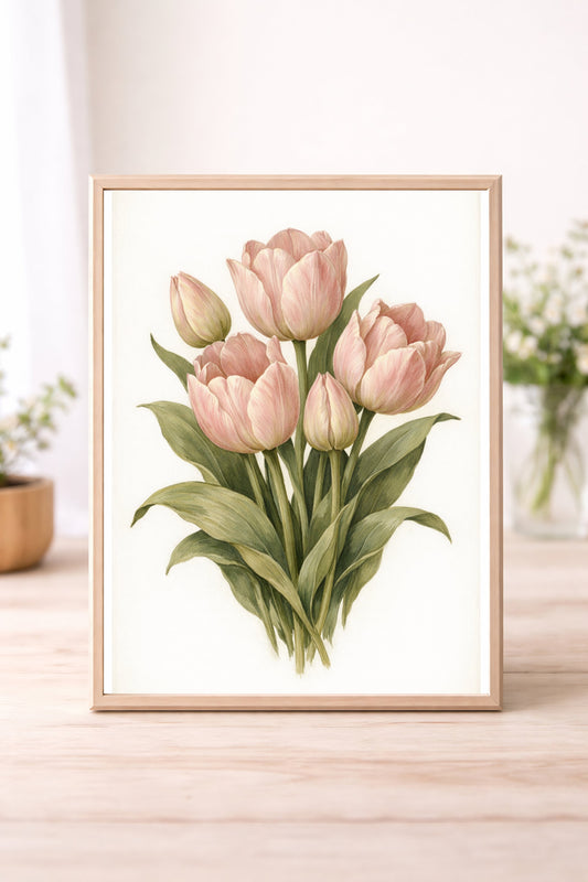 Soft Pink Tulip Wall Art – Vintage Botanical Floral Print with Neutral Background Spring Home Decor