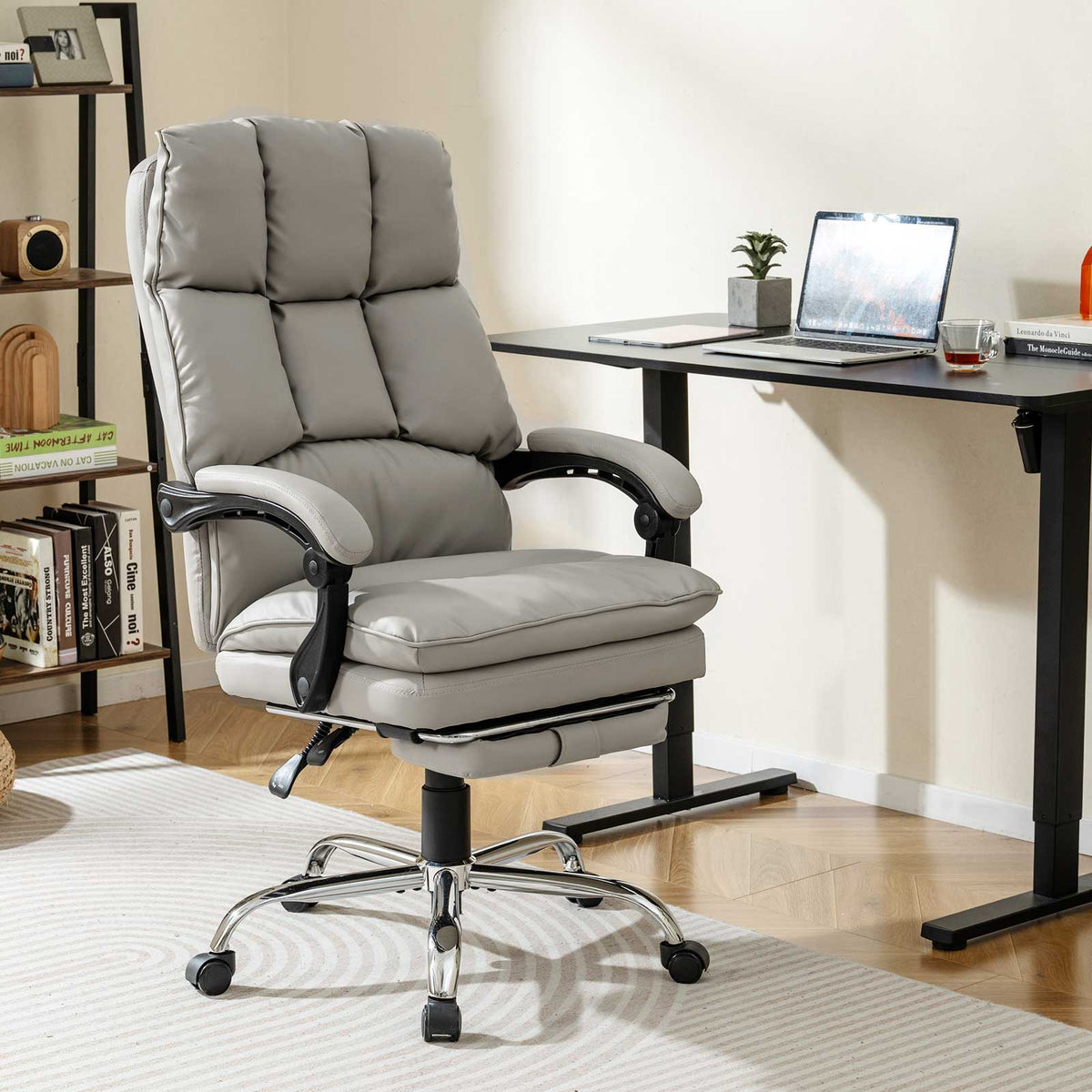Soft Padded Office Chair Ergonomic Adjustable Reclining Computer Chair with Retractable Footrest-White