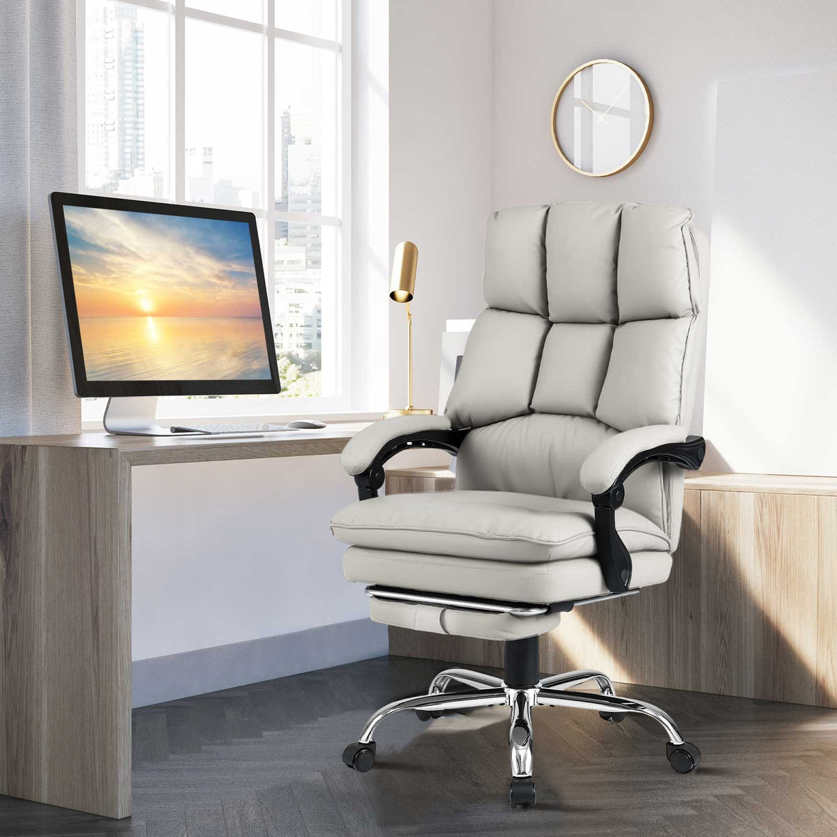 Soft Padded Office Chair Ergonomic Adjustable Reclining Computer Chair with Retractable Footrest-White