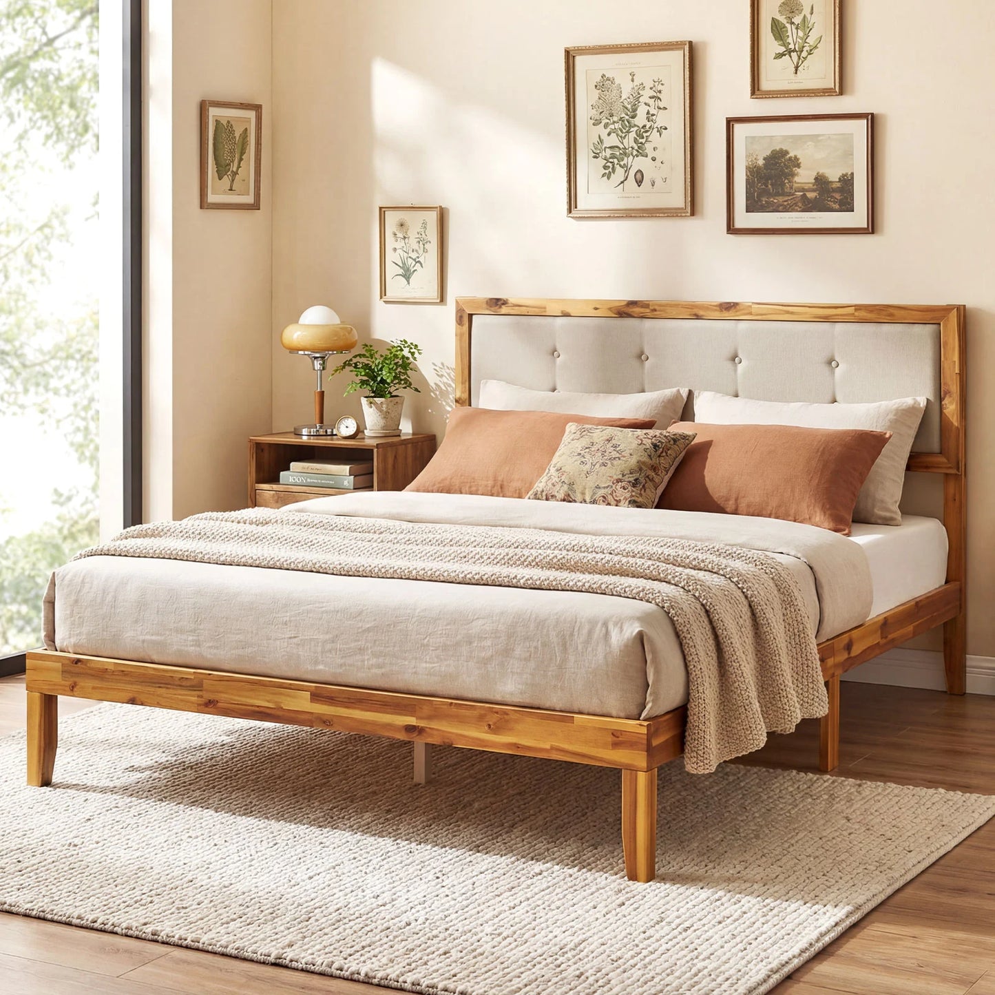 Solid Acacia Wood Bed Frame with Tufted Headboard and Ample Under-bed Space-Full Size