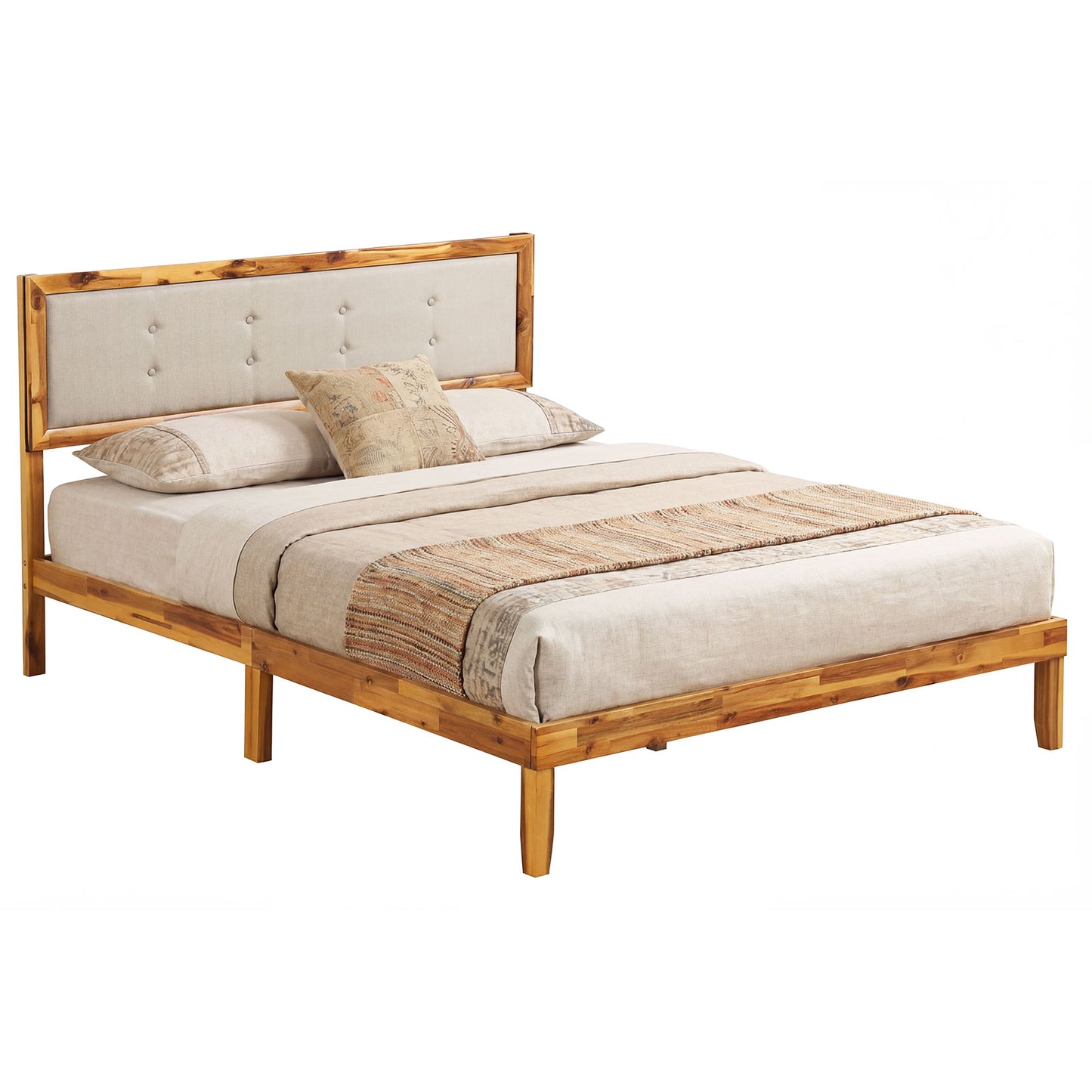 Solid Acacia Wood Bed Frame with Tufted Headboard and Ample Under-bed Space-Full Size