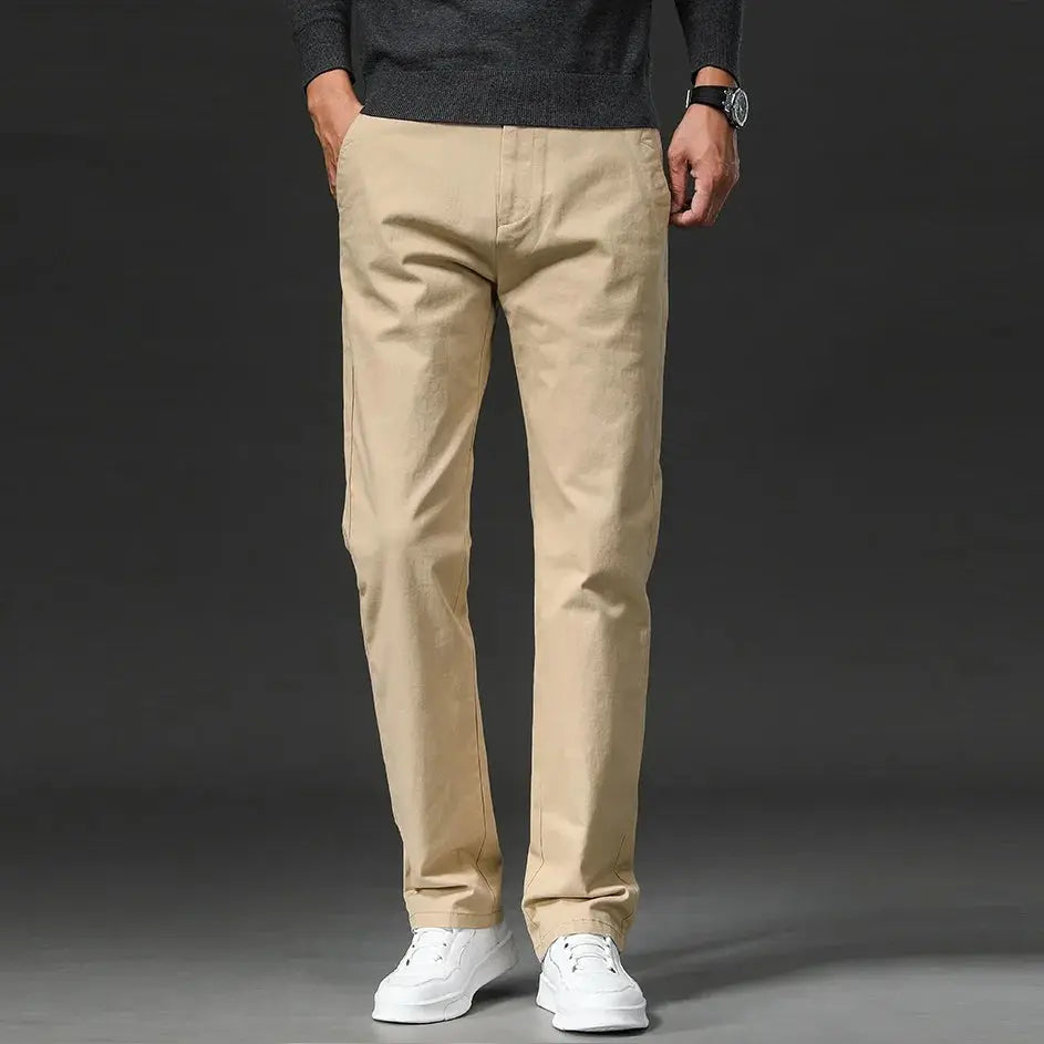 Spring Men's Casual Pants - Straight Fit Cotton Stretch Chino Trousers for Work and Business Wear - Khaki Fashion Regular