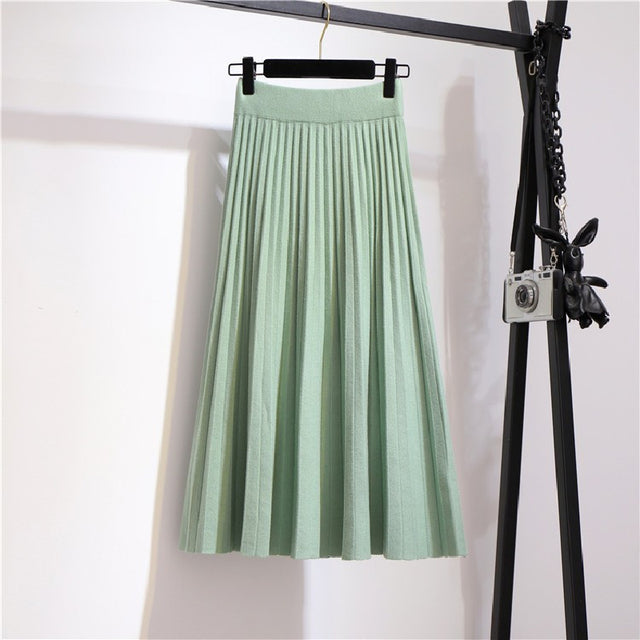 Spring Winter Women Knitted Pleated Skirt Fashion Midi Skirt Solid Color Loose High Waist Skirts Casual Female Women's Bottoms