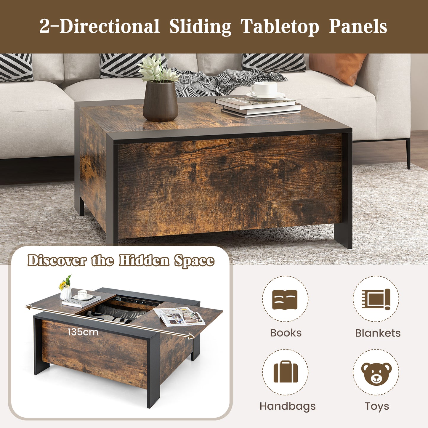 92cm Square Coffee Table with Sliding Top and Hidden Compartment-Grey