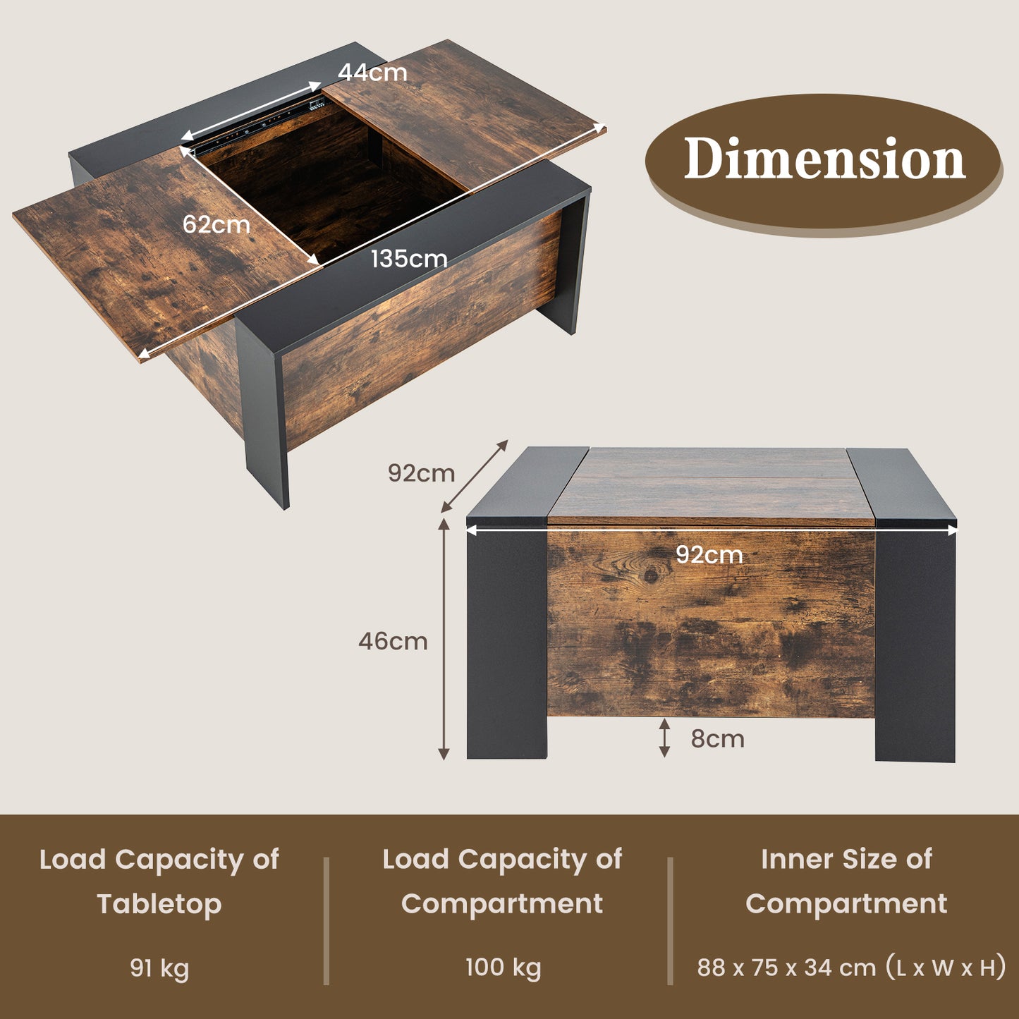 92cm Square Coffee Table with Sliding Top and Hidden Compartment-Grey
