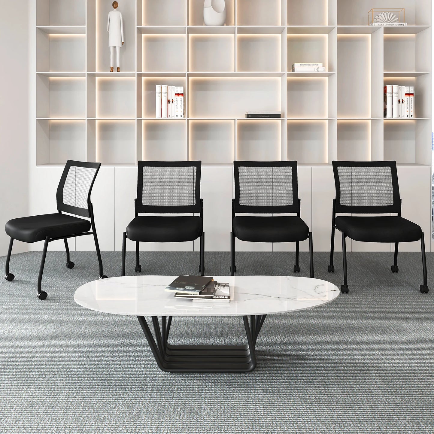 Stackable Armless Waiting Room Guest Chair with Wheels Set of 4-Black
