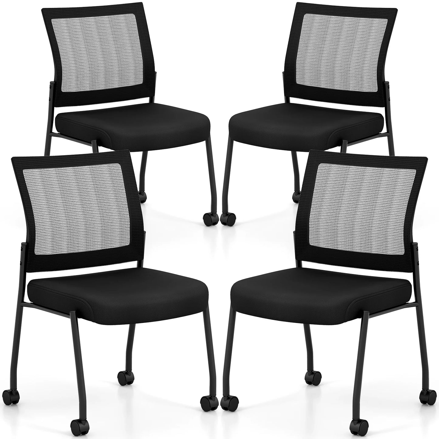 Stackable Armless Waiting Room Guest Chair with Wheels Set of 4-Black