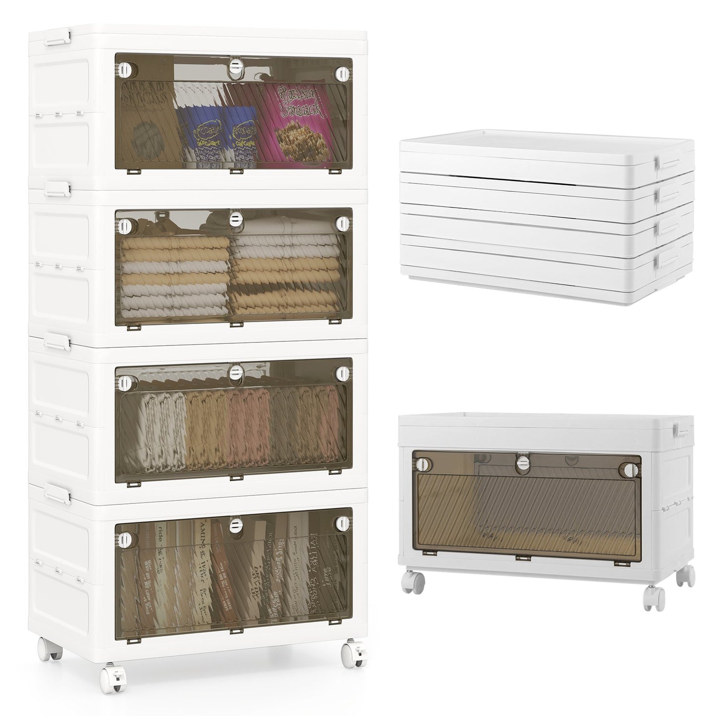 3-Tier/4-Tier Stackable Storage Bins with 3-Way-to-Open Drawers and Wheels-3-Tier
