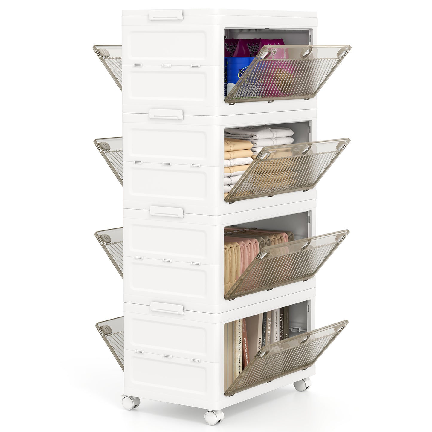 3-Tier/4-Tier Stackable Storage Bins with 3-Way-to-Open Drawers and Wheels-3-Tier