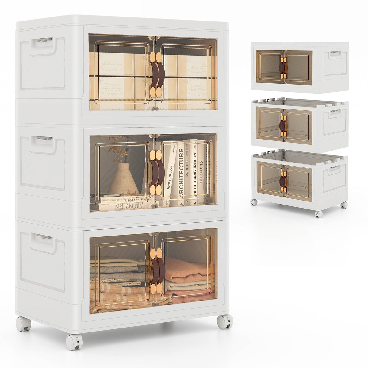 Folding 3 Pack PP 157 L Stackable Storage Bins with Lockable Wheels-White