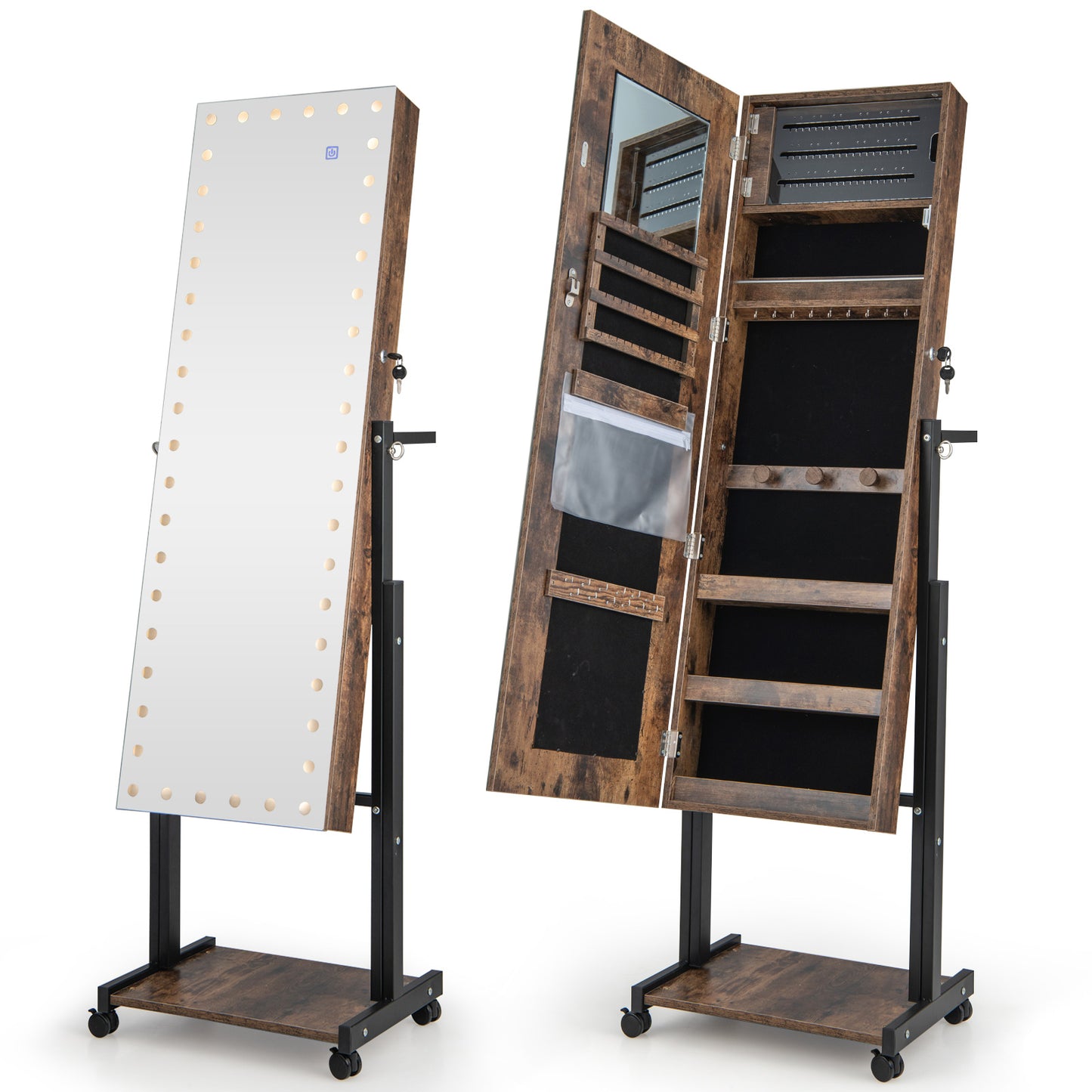 Lockable Jewelry Armoire Organizer with 3-Color Dimmable LED Full-Length Mirror-White
