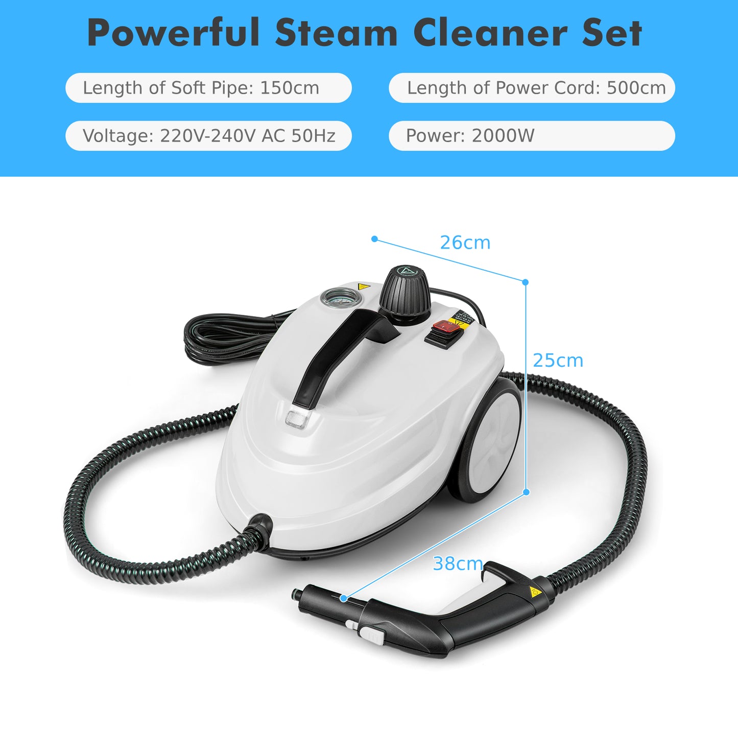 Steam Cleaner 2000W High Pressure Steamer Cleaning Machine with 15-Piece Accessories-Red