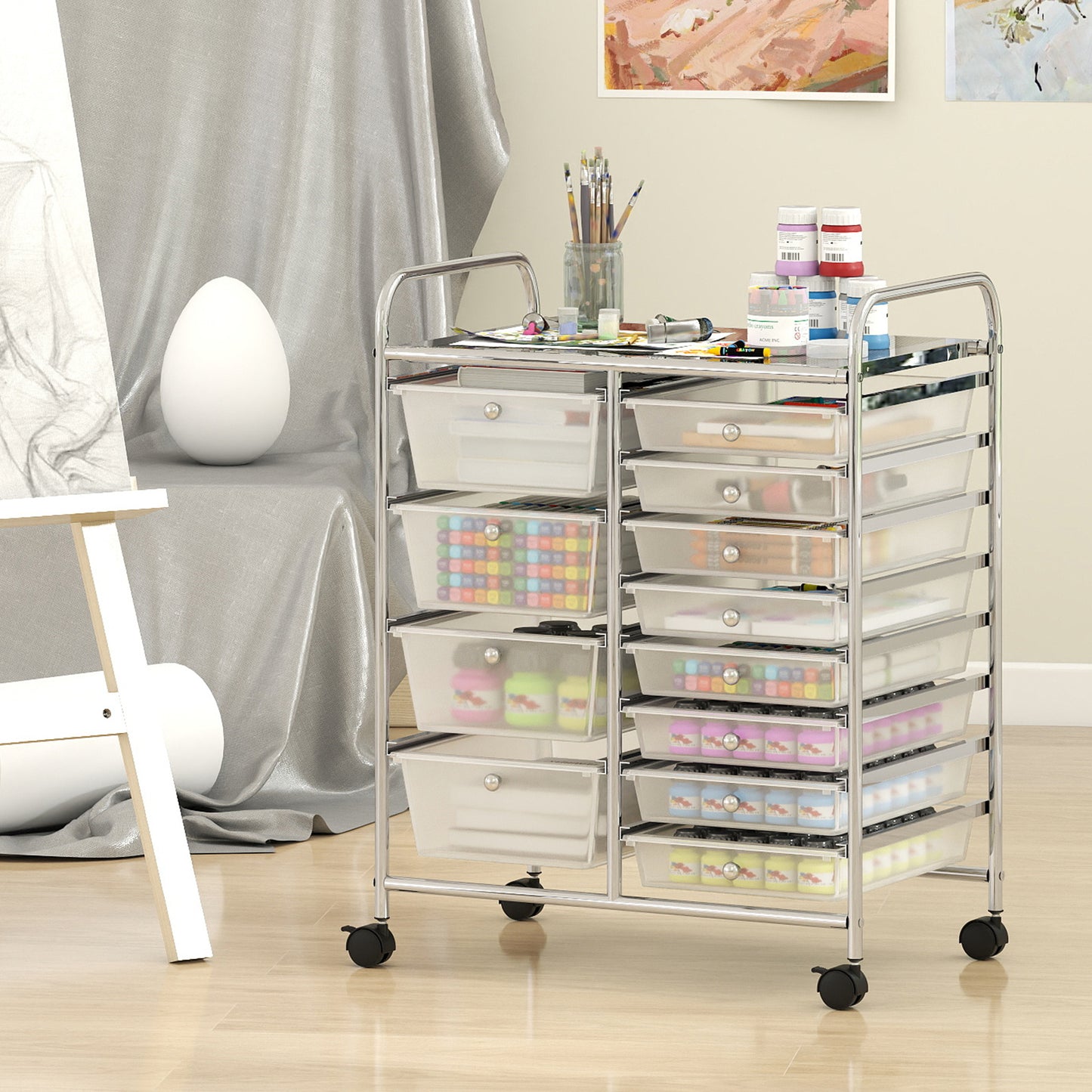 Storage Cart with 2-Size Drawer Rolling Cart Large Countertop Side Handles-Black