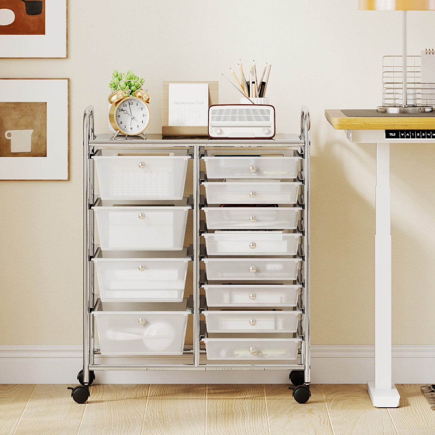Storage Cart with 2-Size Drawer Rolling Cart Large Countertop Side Handles-Black