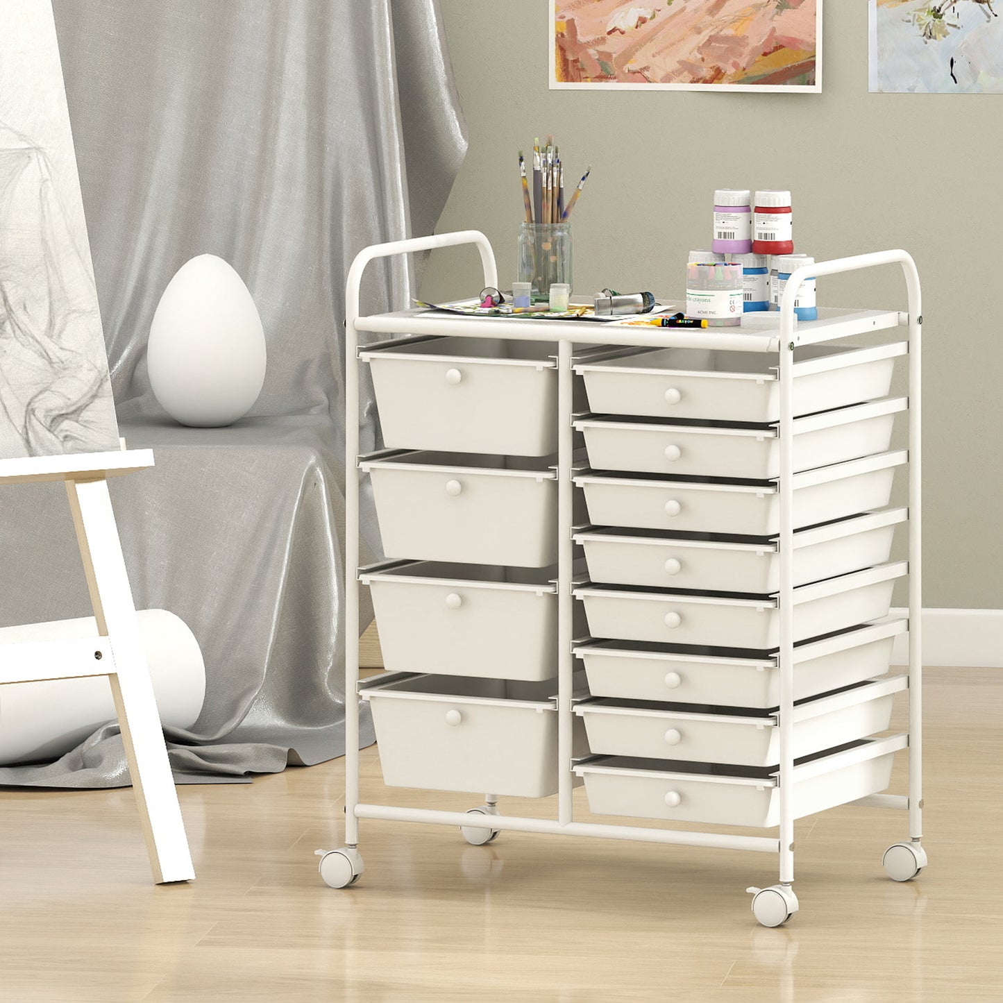 Storage Cart with 2-Size Drawer Rolling Cart Large Countertop Side Handles-Black