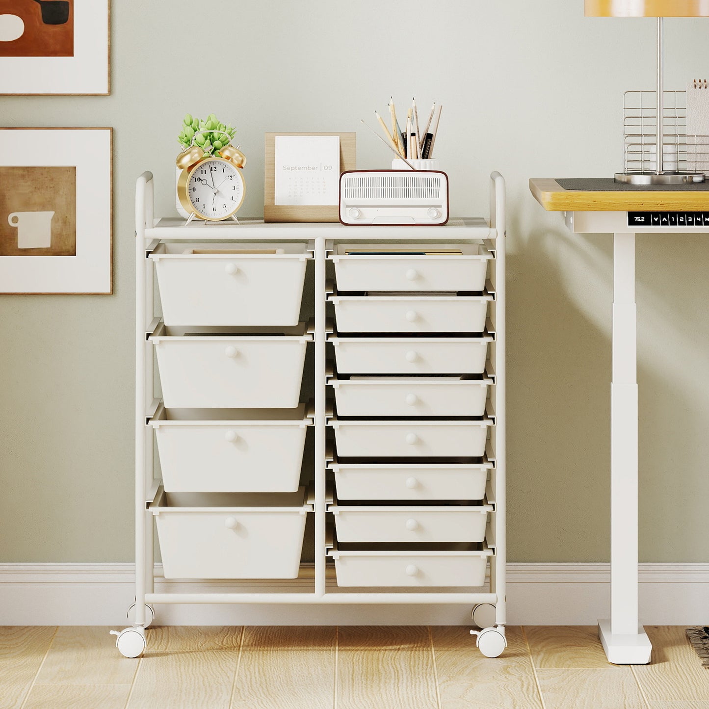 Storage Cart with 2-Size Drawer Rolling Cart Large Countertop Side Handles-Black