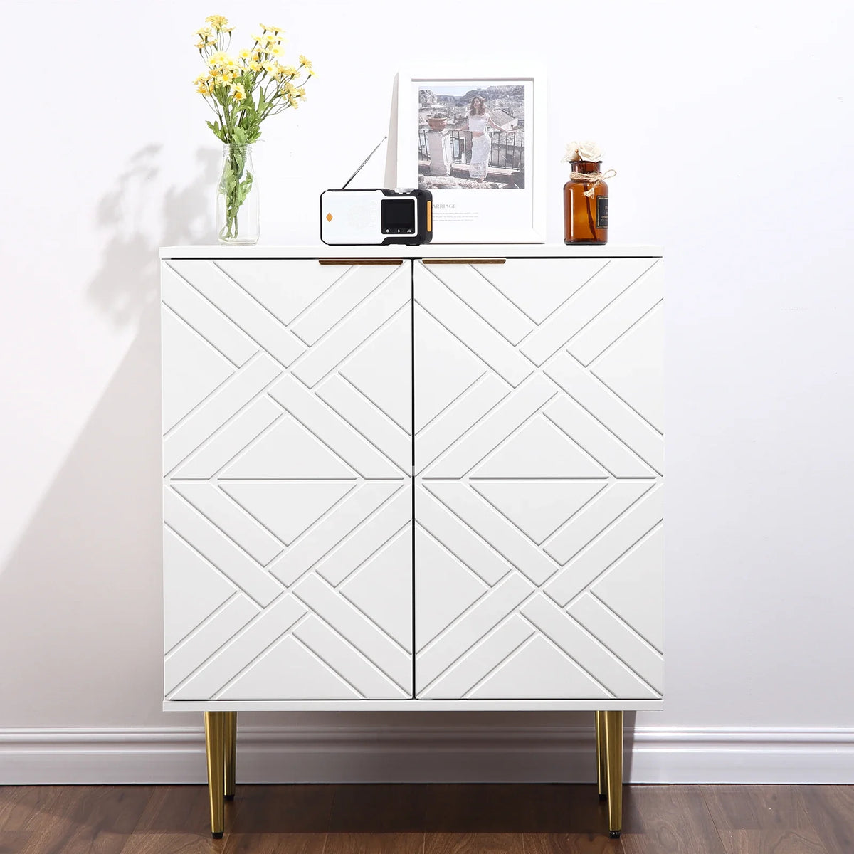 Storage Sideboard Cabinet Geometric Doors Gold Legs Modern Unit Bedside Side Table