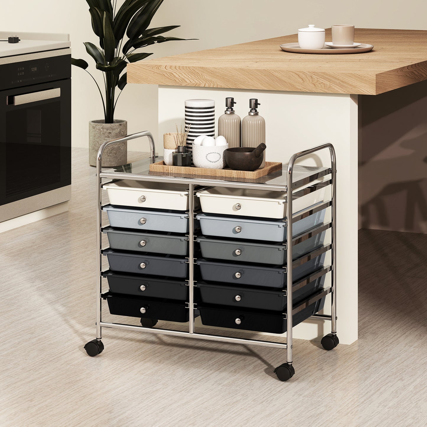 Storage Rolling Cart with Drawer and Large Countertop Side Handles-Black