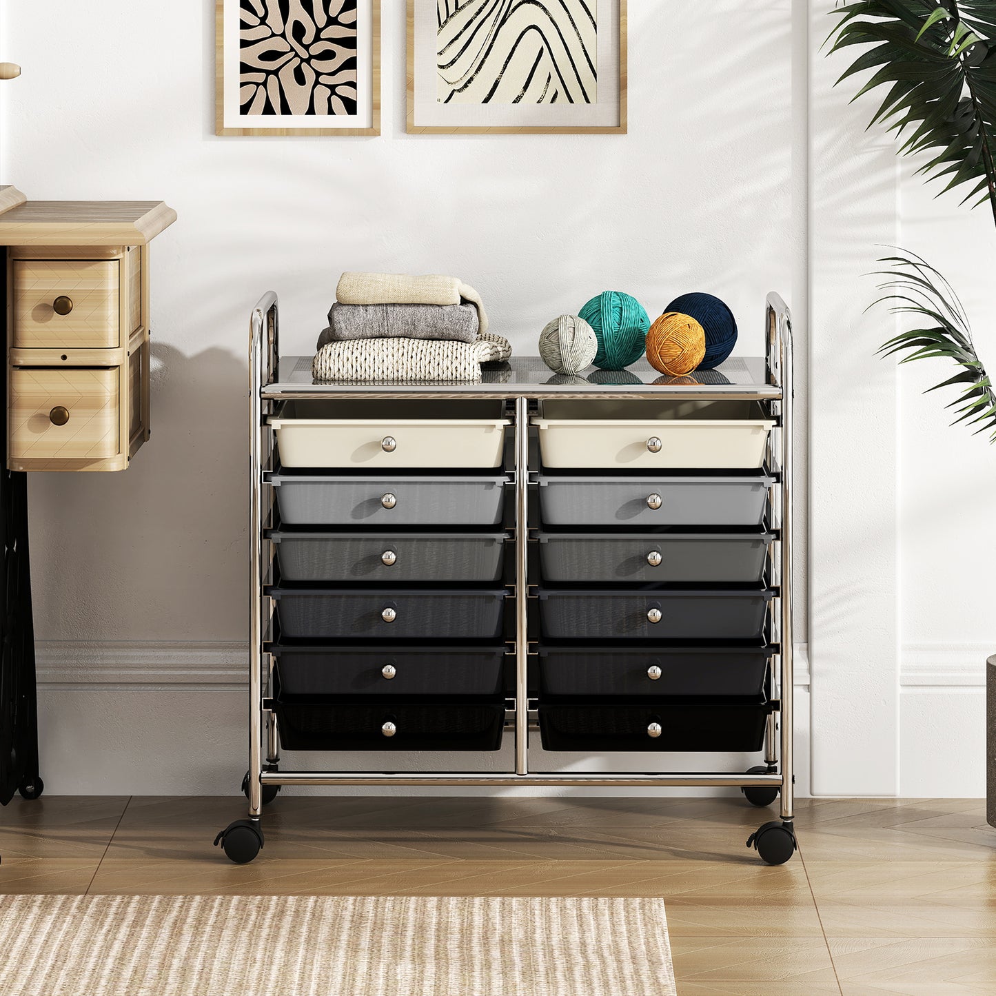 Storage Rolling Cart with Drawer and Large Countertop Side Handles-Black